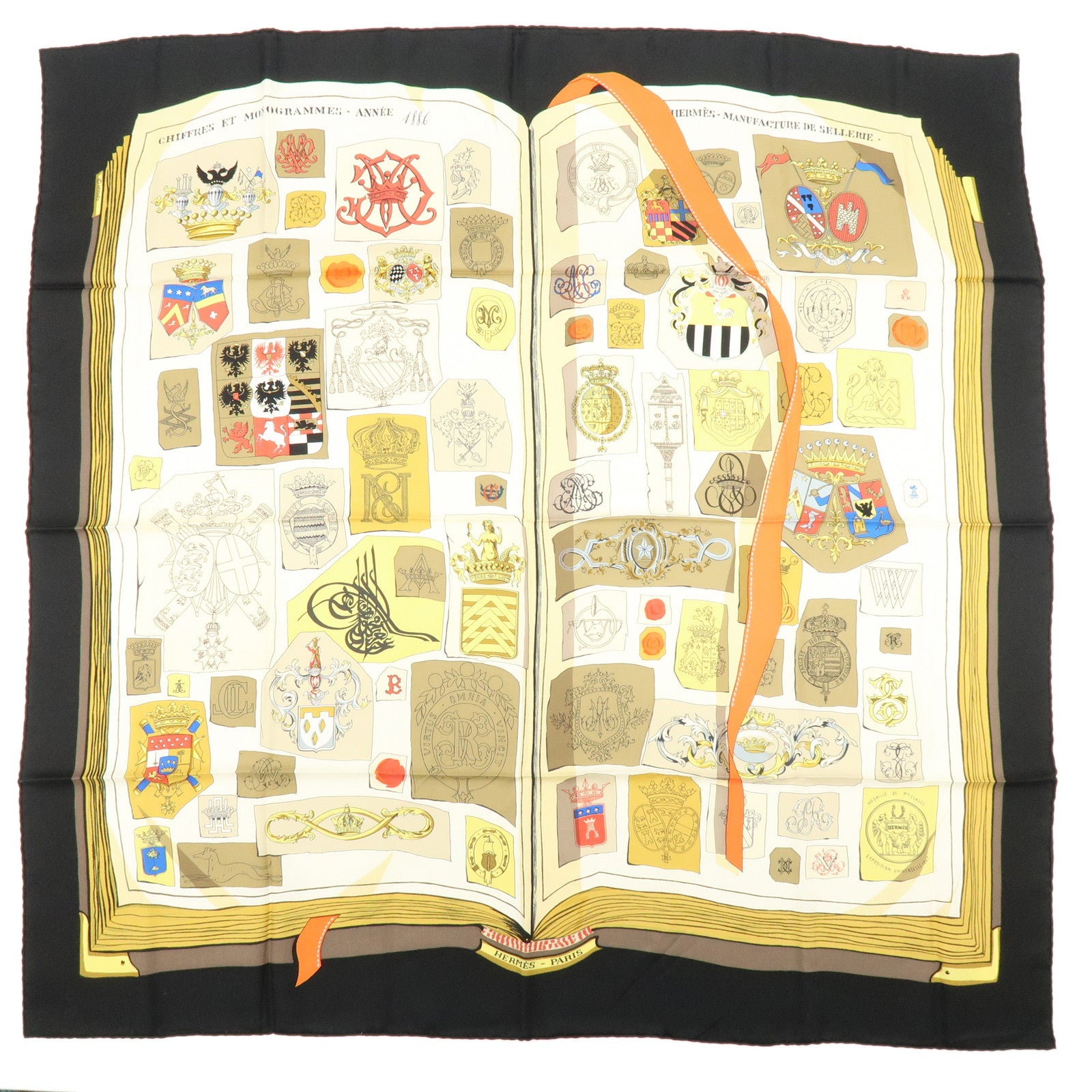 HERMES Carre 90 Silk 100% CHIFFRES ET MONOGRAMMES ANNEE Scarf Black