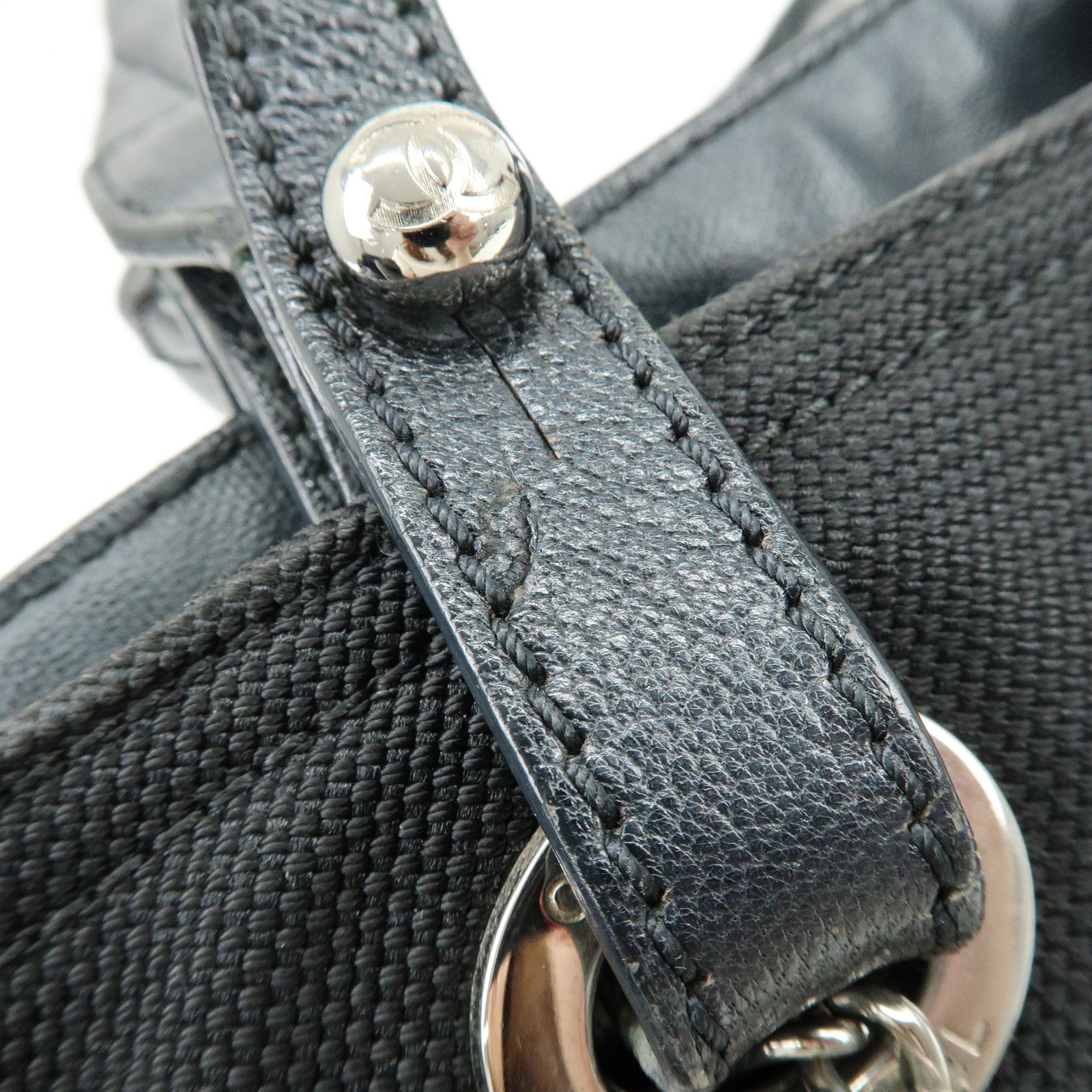 CHANEL Paris Biarritz PM PVC Canvas Leather Tote Bag Black A34208