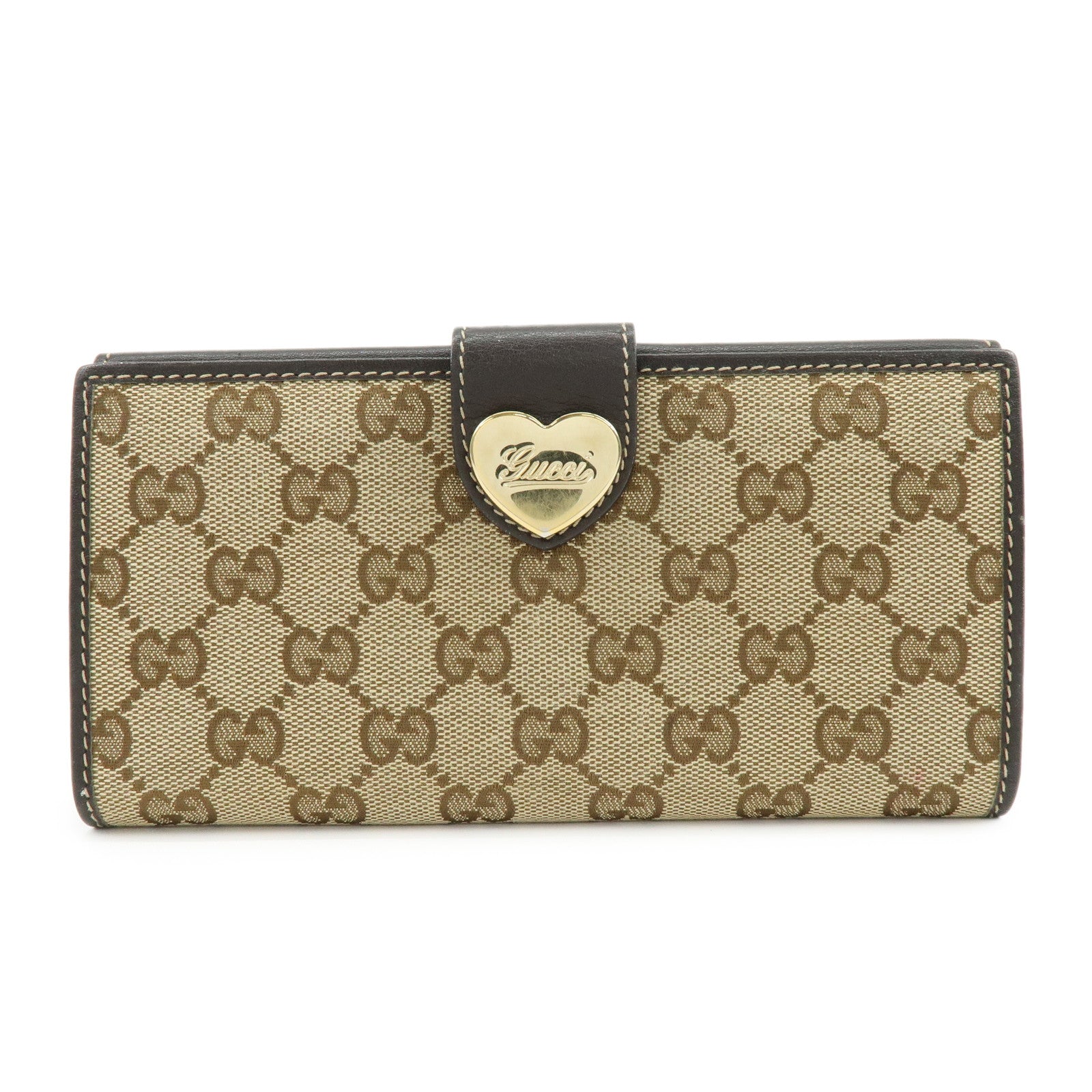 GUCCI GG Heart Logo Canvas Leather W Hook Long Wallet 203550