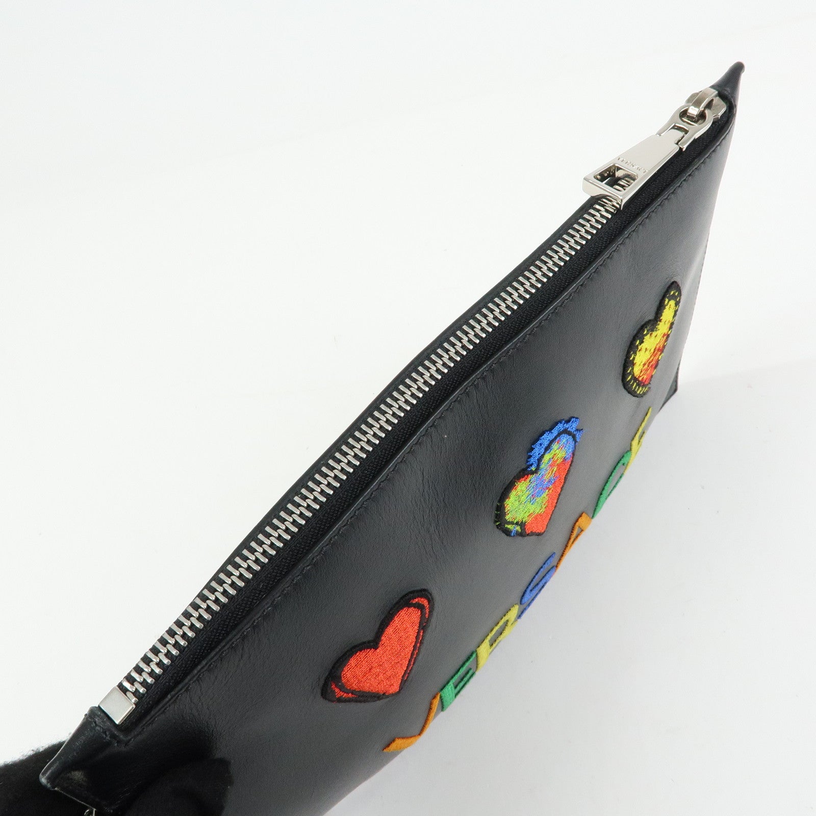 VERSACE Logo Leather Heart Wrist Bag Clutch Bag Black Multicolor