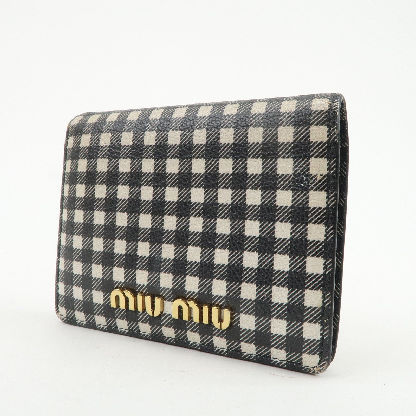 MIU MIU Plaid Leather Compact Bi-fold Wallet Black Ivory 5MV204