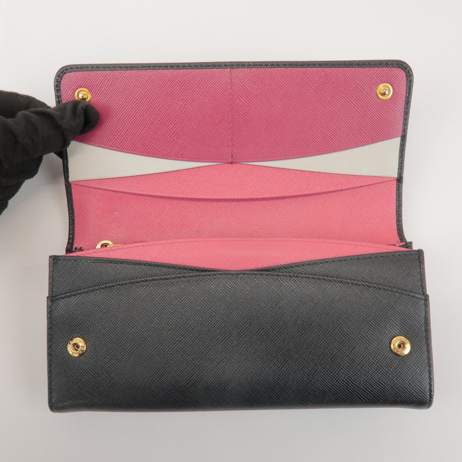 PRADA Logo Saffiano Leather Flap Bi-Fold Long Wallet Black