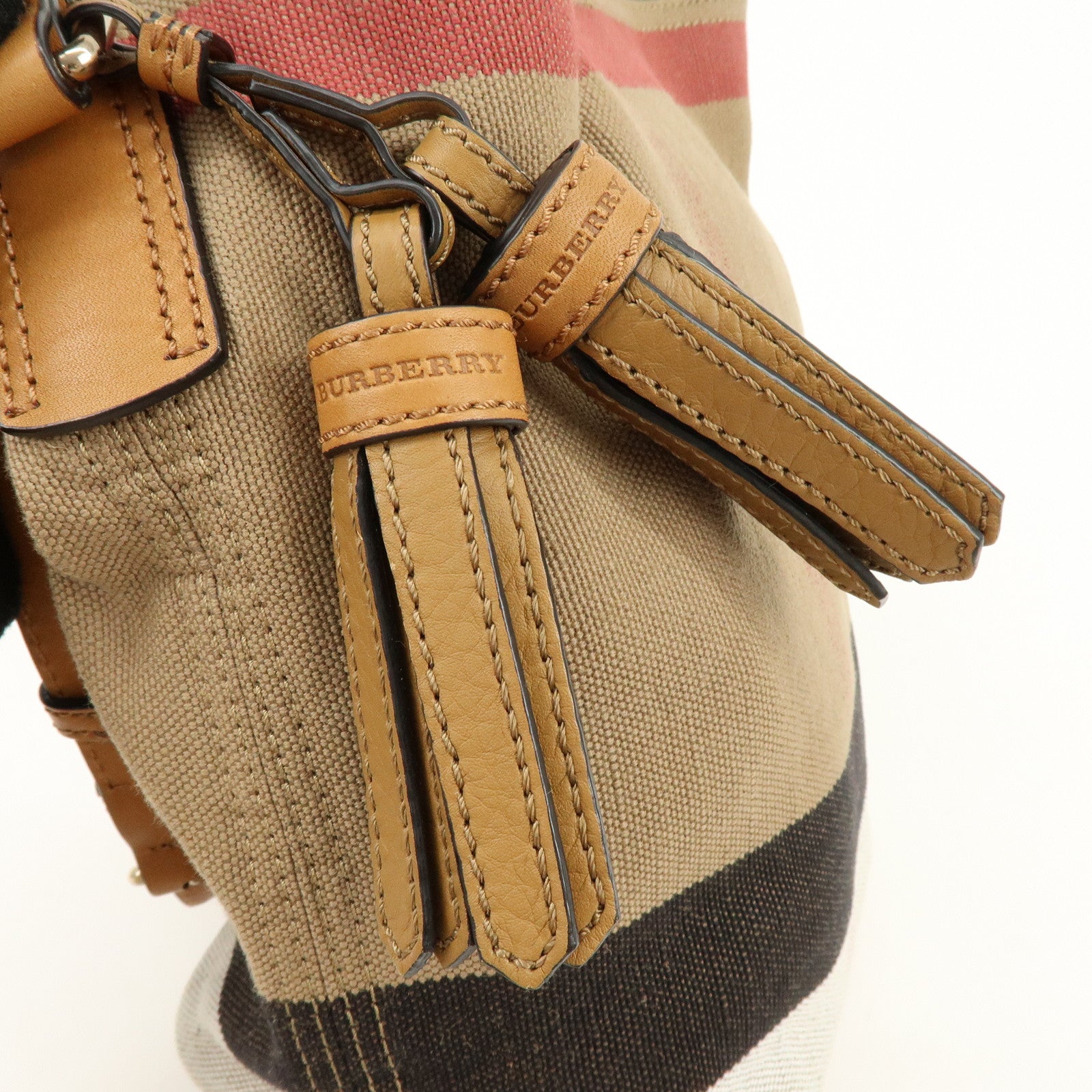 BURBERRY Nova Plaid Canvas Leather Tassel Shoulder Bag Beige Camel