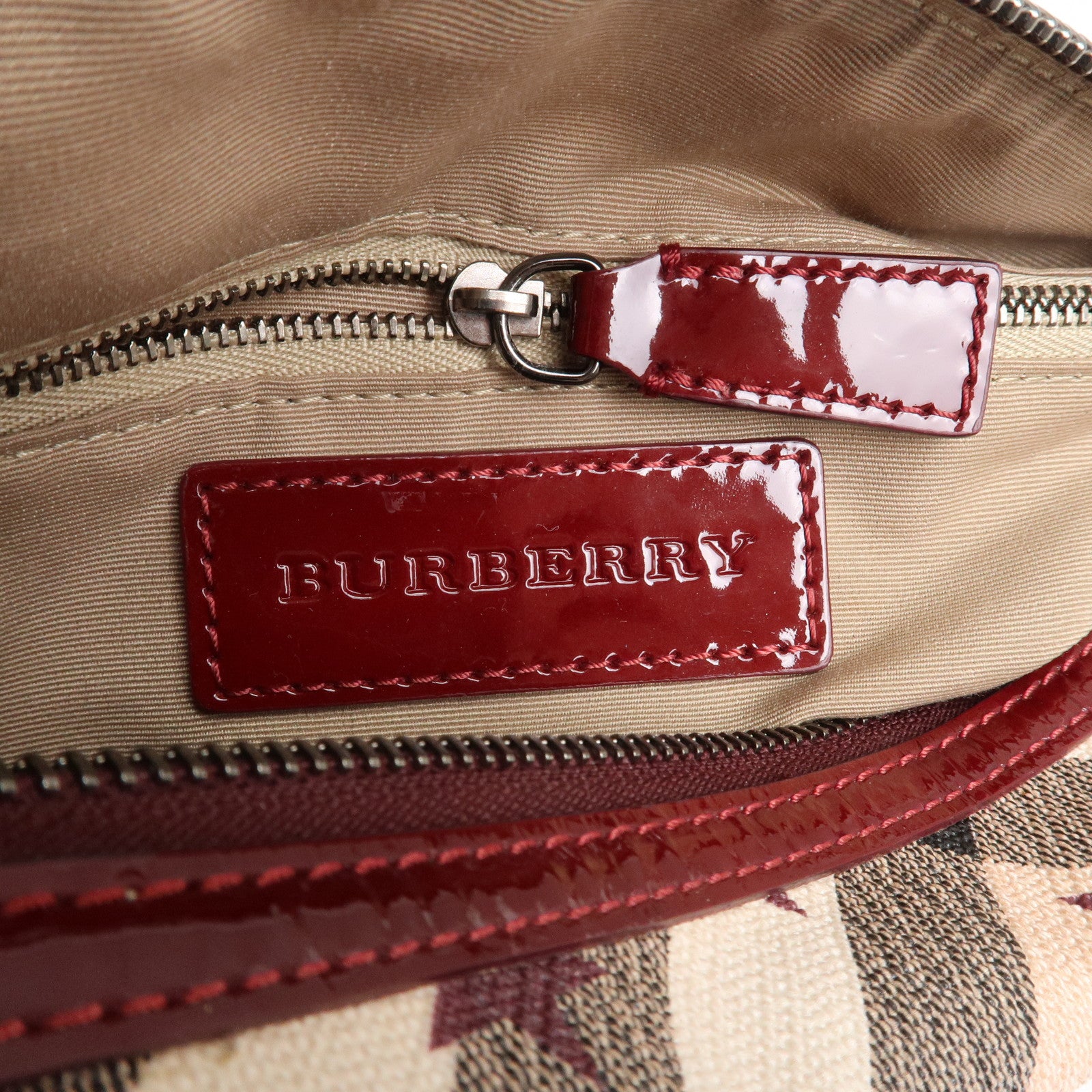 BURBERRY PVC Canvas Patent Leather Boston Bag Beige Bordeaux