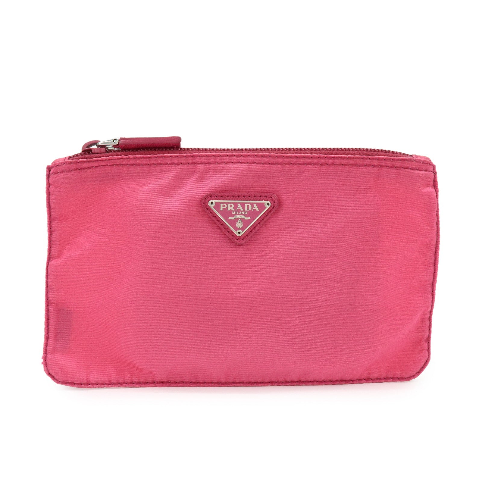 PRADA Triangle Logo Nylon Saffiano Leather Cosmetic Pouch Pink