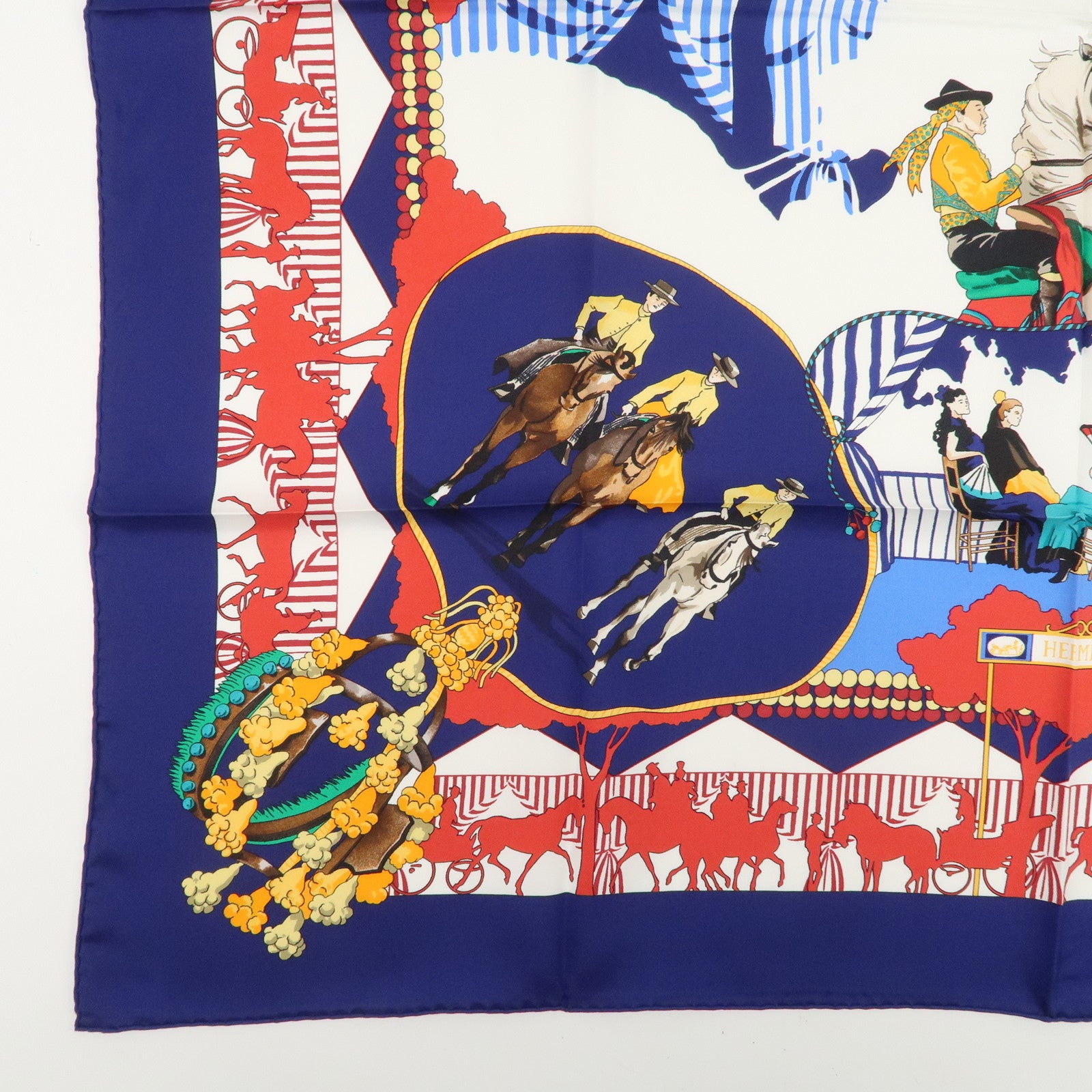 HERMES Carre 90 Silk 100% Scarf FERIA DE SEVILLA Navy White Red