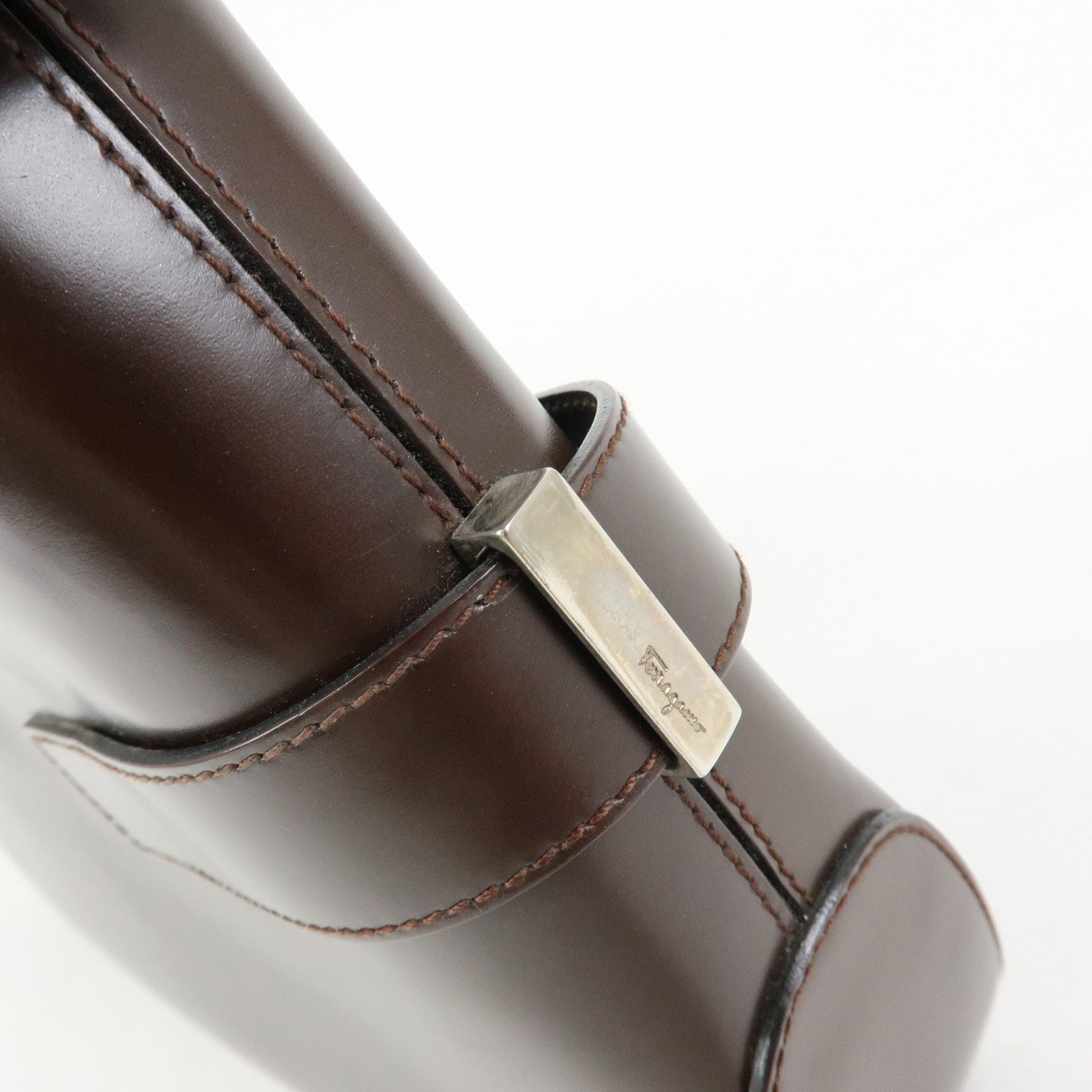 Ferragamo Gancini Leather Shoulder Bag Hand Bag Dark Brown