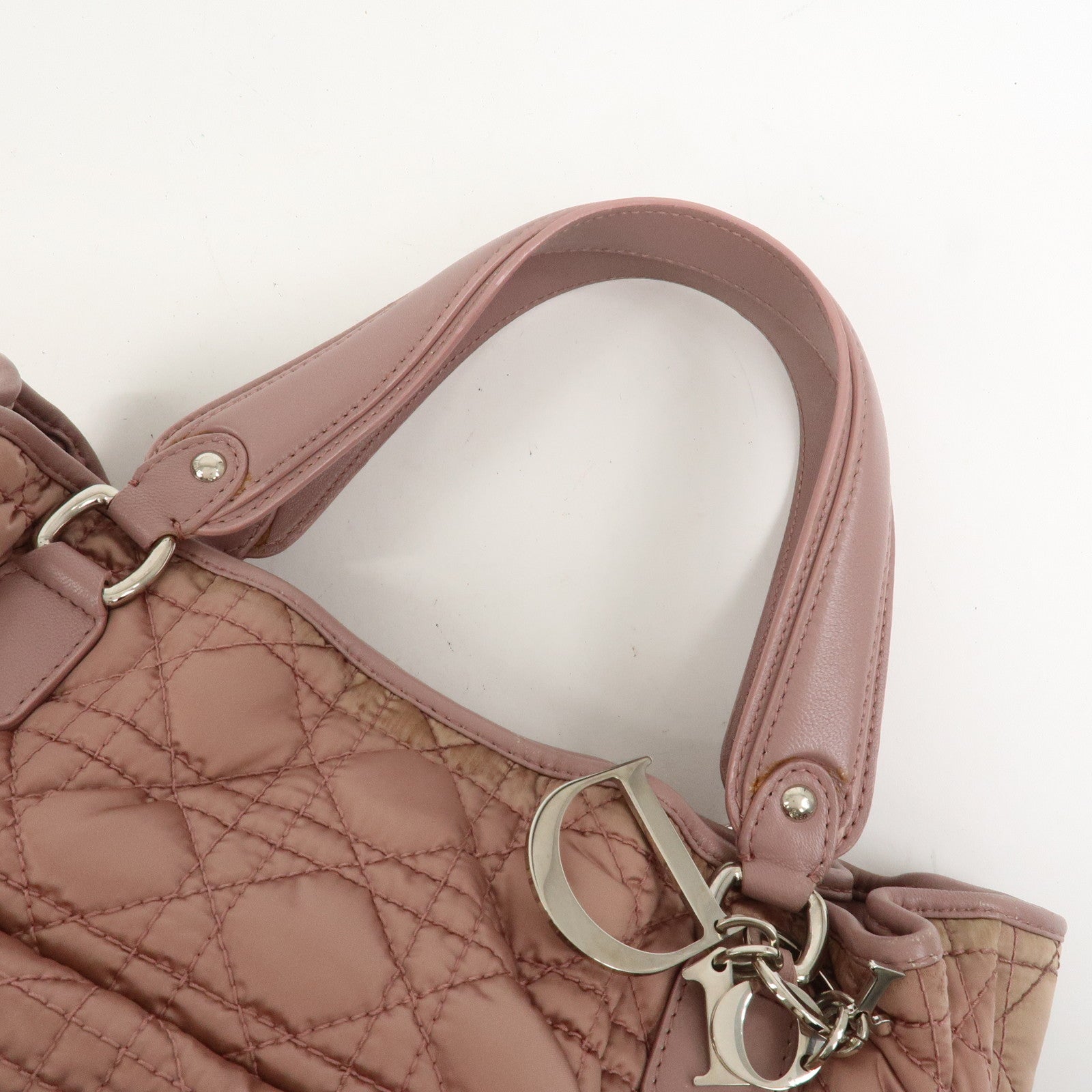 Christian Dior Cannage Nylon Leather Hand Bag Tote Bag Pink