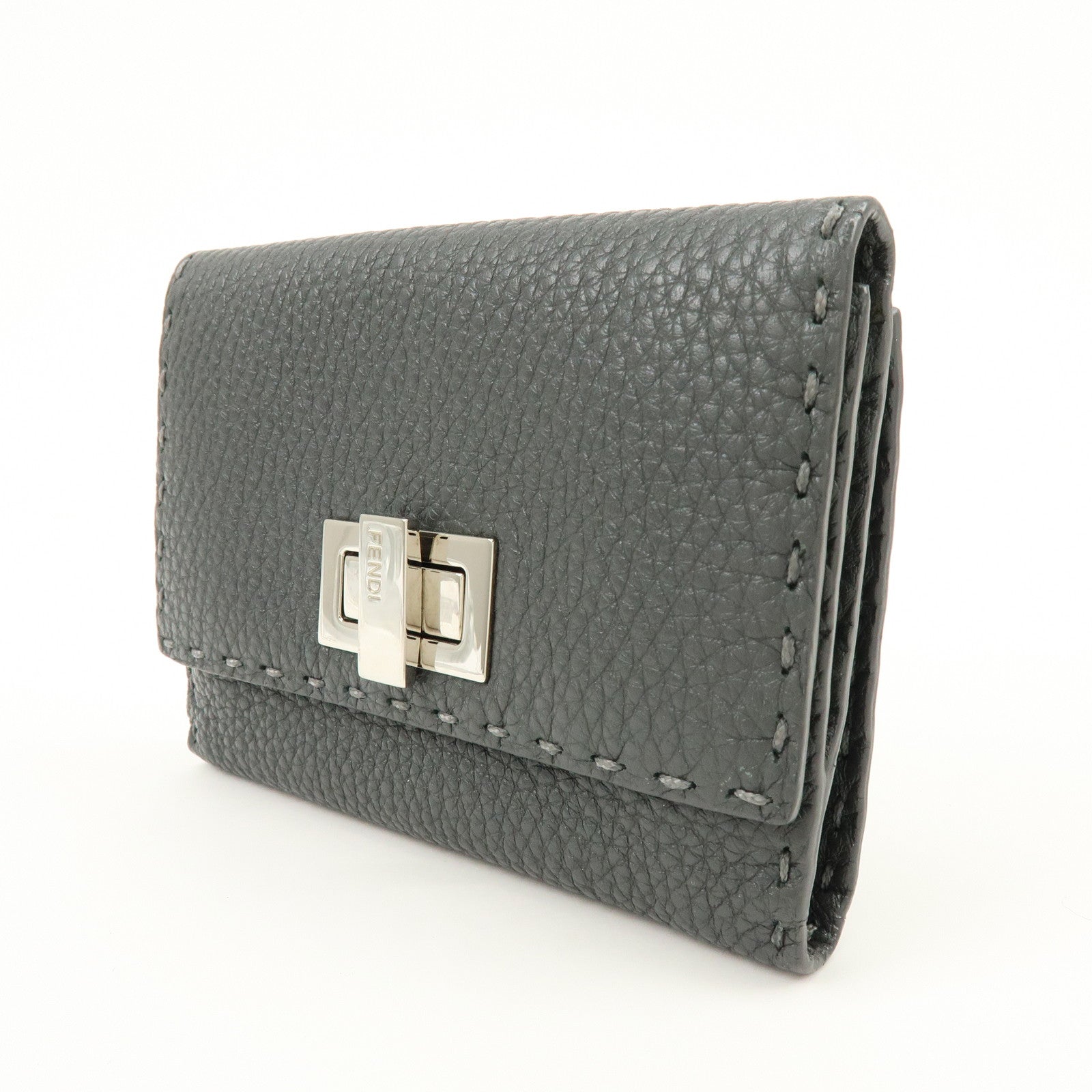 FENDI Selleria Leather Tri-fold Compact Wallet Gray 8M0359