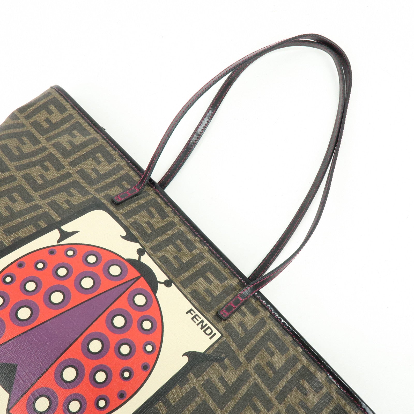 FENDI Zucca PVC Leather Ladybug Tote Shoulder Bag Brown Red 8BH185