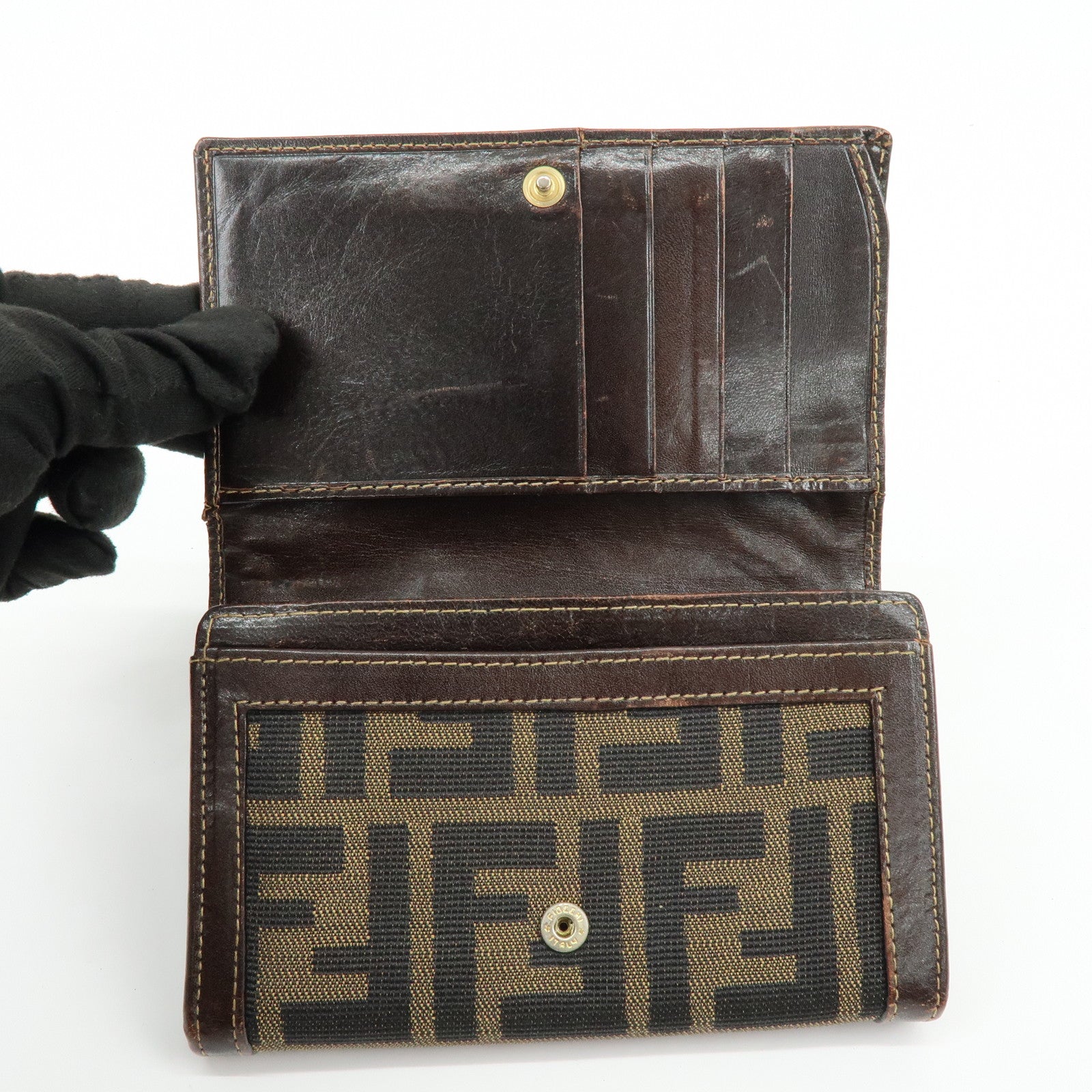 FENDI Zucca Canvas Leather Bi-fold Compact Wallet Brown 31052