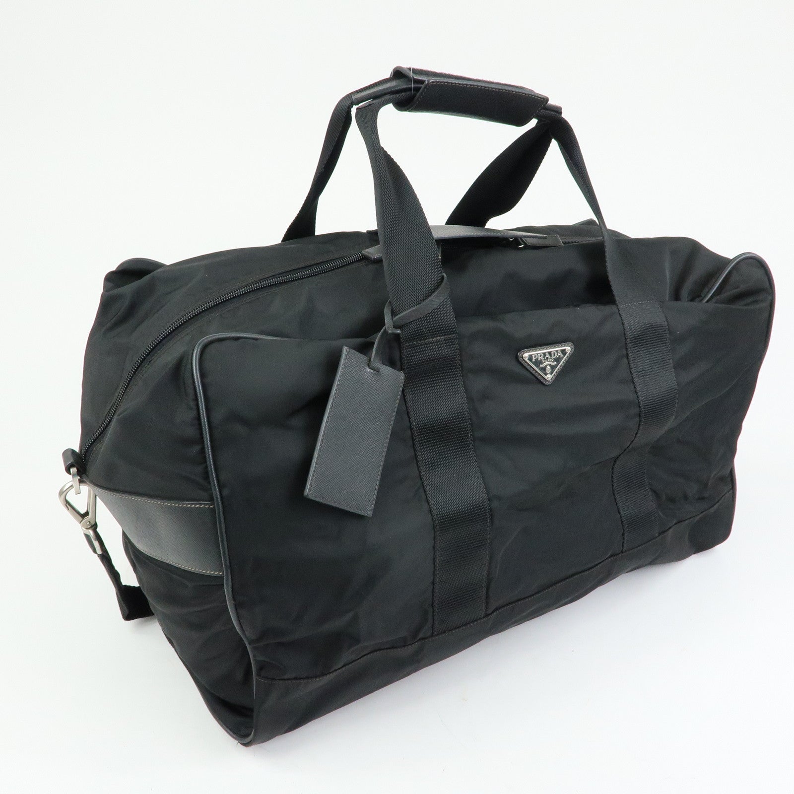 PRADA Triangle Logo Nylon Leather Boston Bag Travel Bag Black