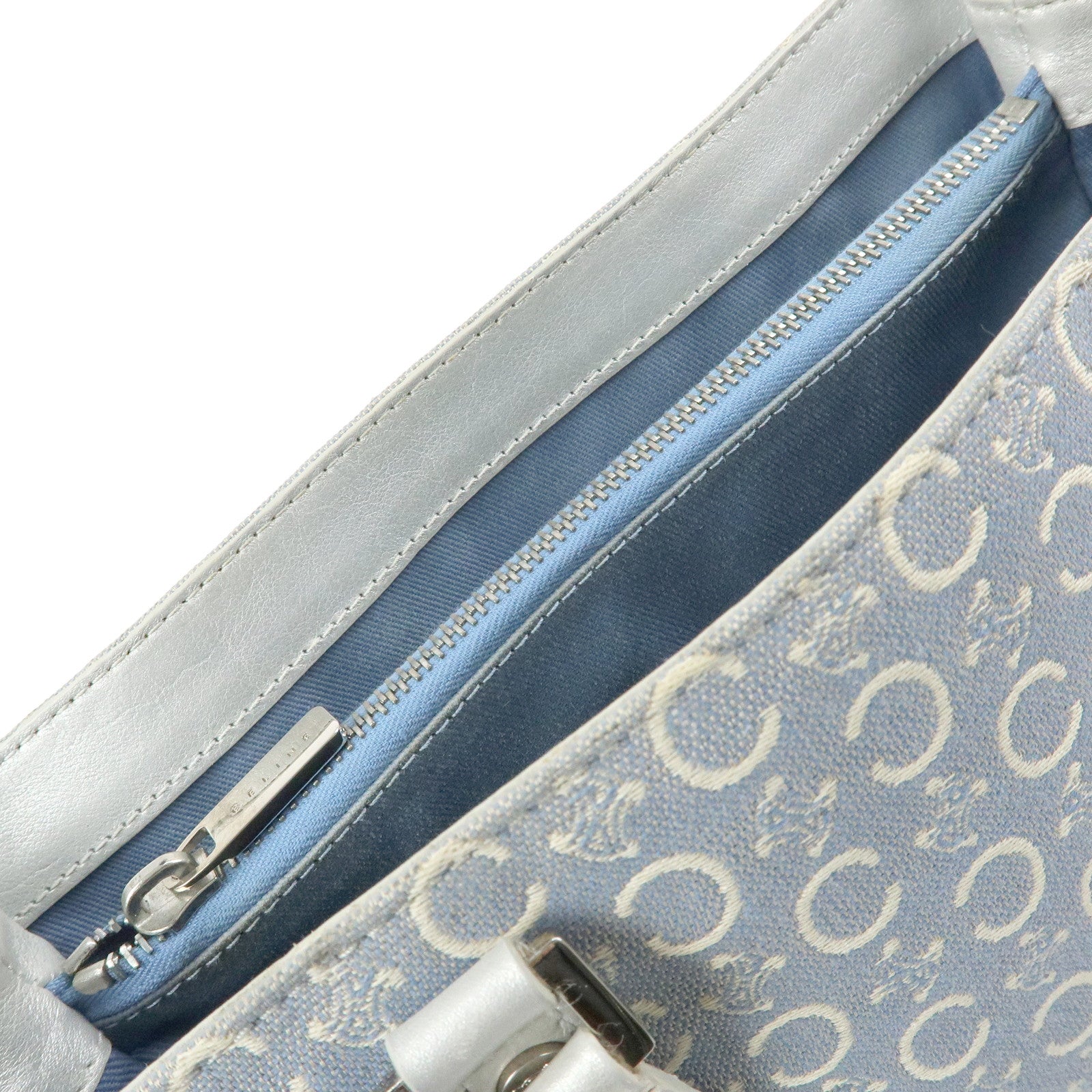 CELINE C Macadam Canvas Leather Tote Bag Hand Bag Light Blue Silver