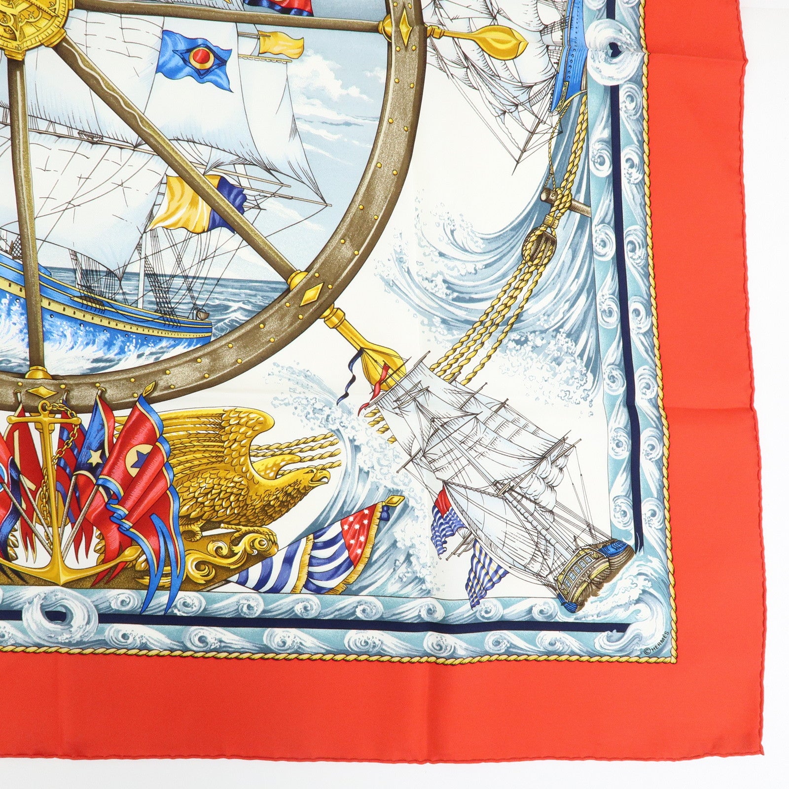 HERMES Carre 90 Silk 100% Scarf VIVE LE VENT Red White