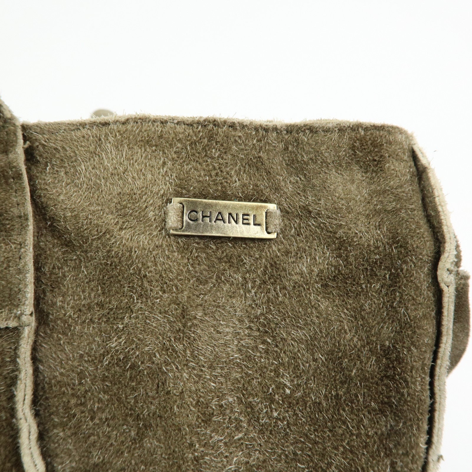CHANEL Logo Suede Shoulder Bag Hand Bag Tote Bag Khaki