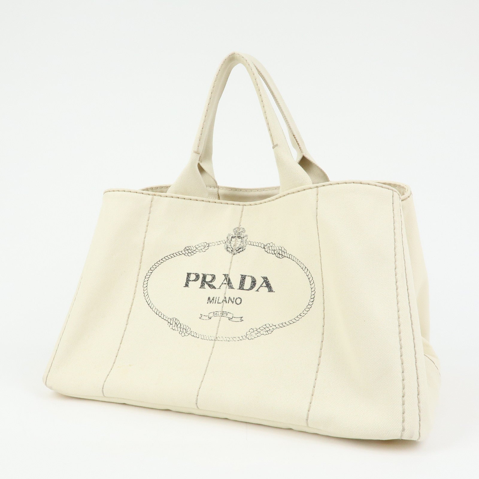 PRADA Canapa Large Triangle Logo Tote Hand Bag Ivory BN1872
