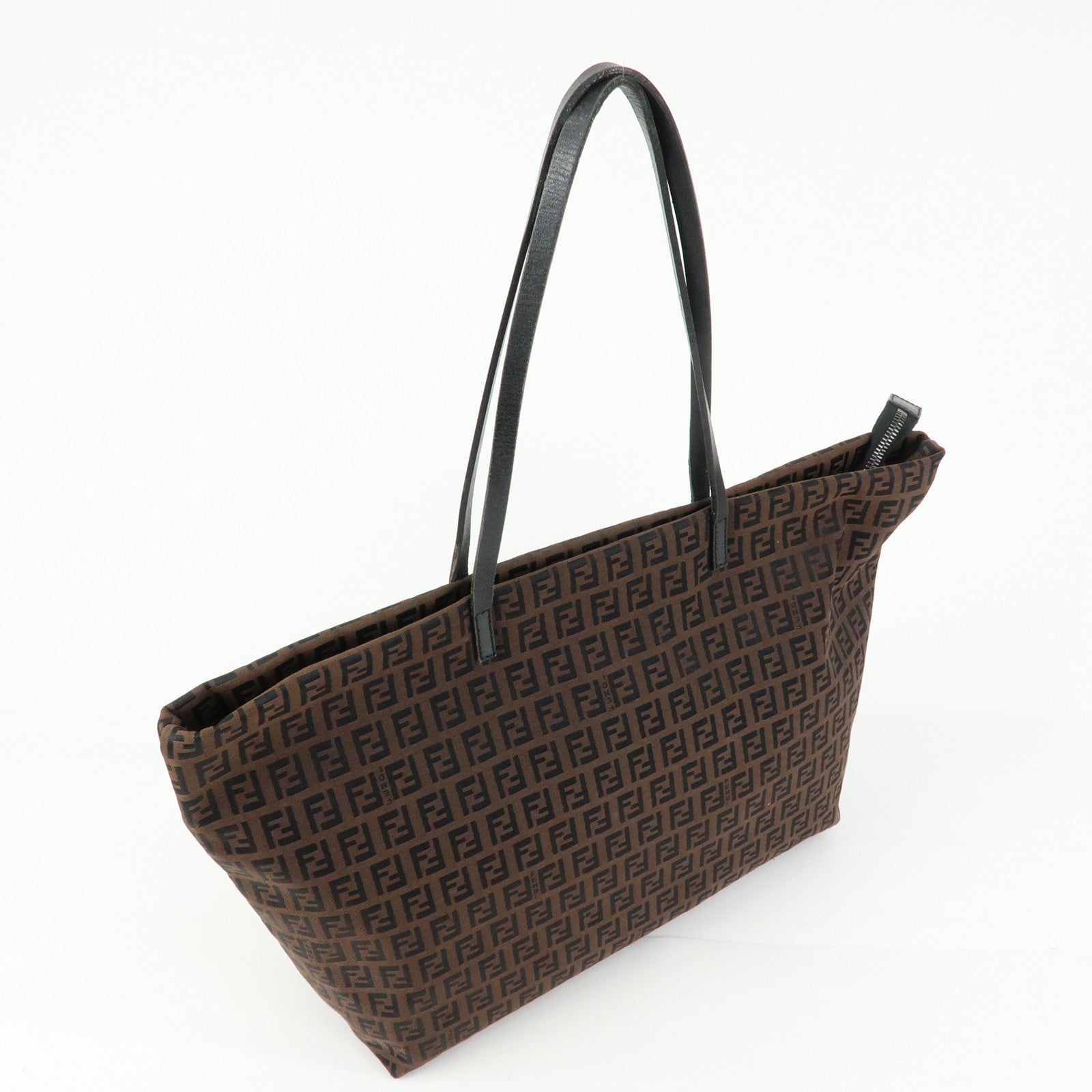 FENDI Zucchino Canvas Leather Tote Bag Shoulder Bag Brown 8BH025