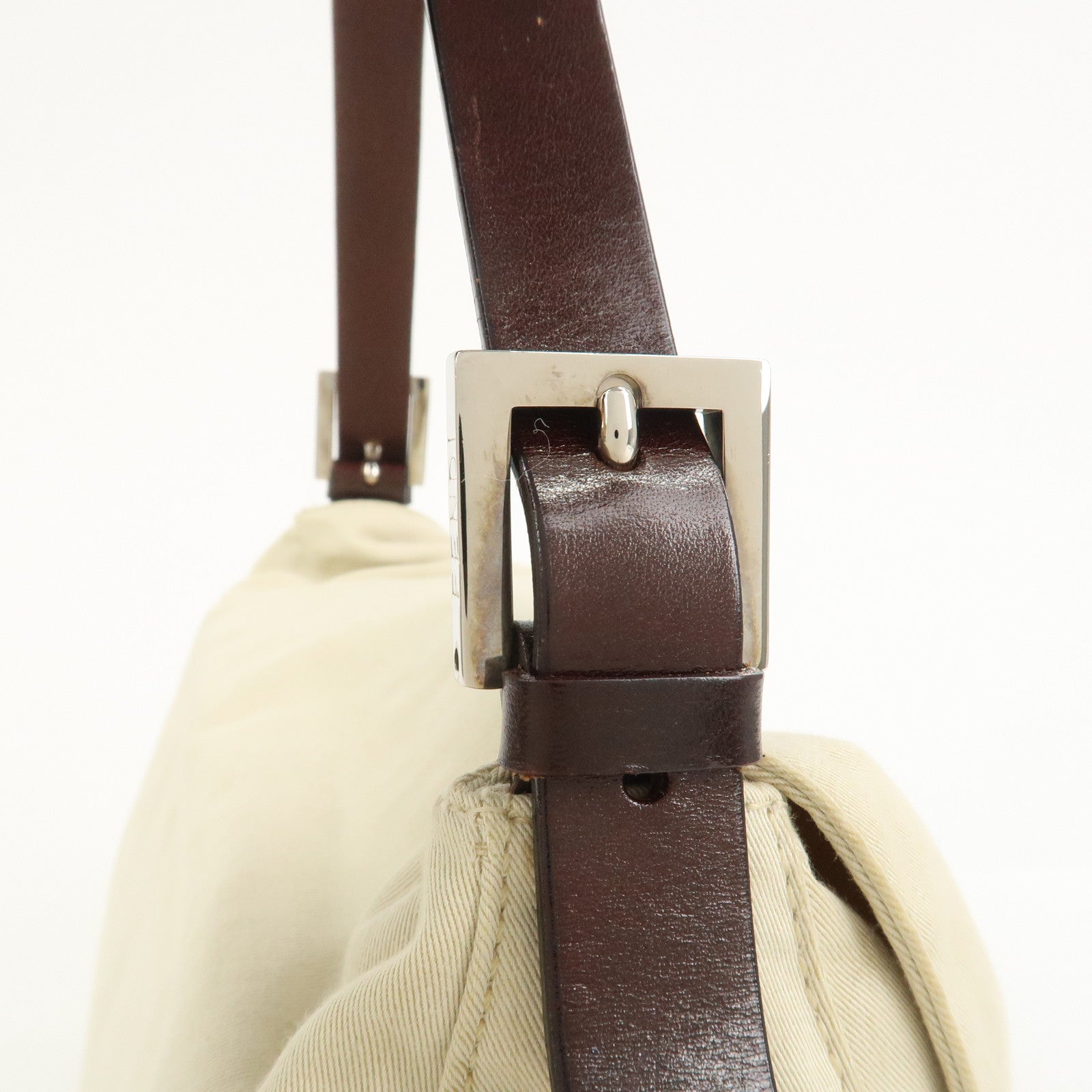 FENDI Mamma Baguette Canvas Leather Shoulder Bag Ivory Brown 26325