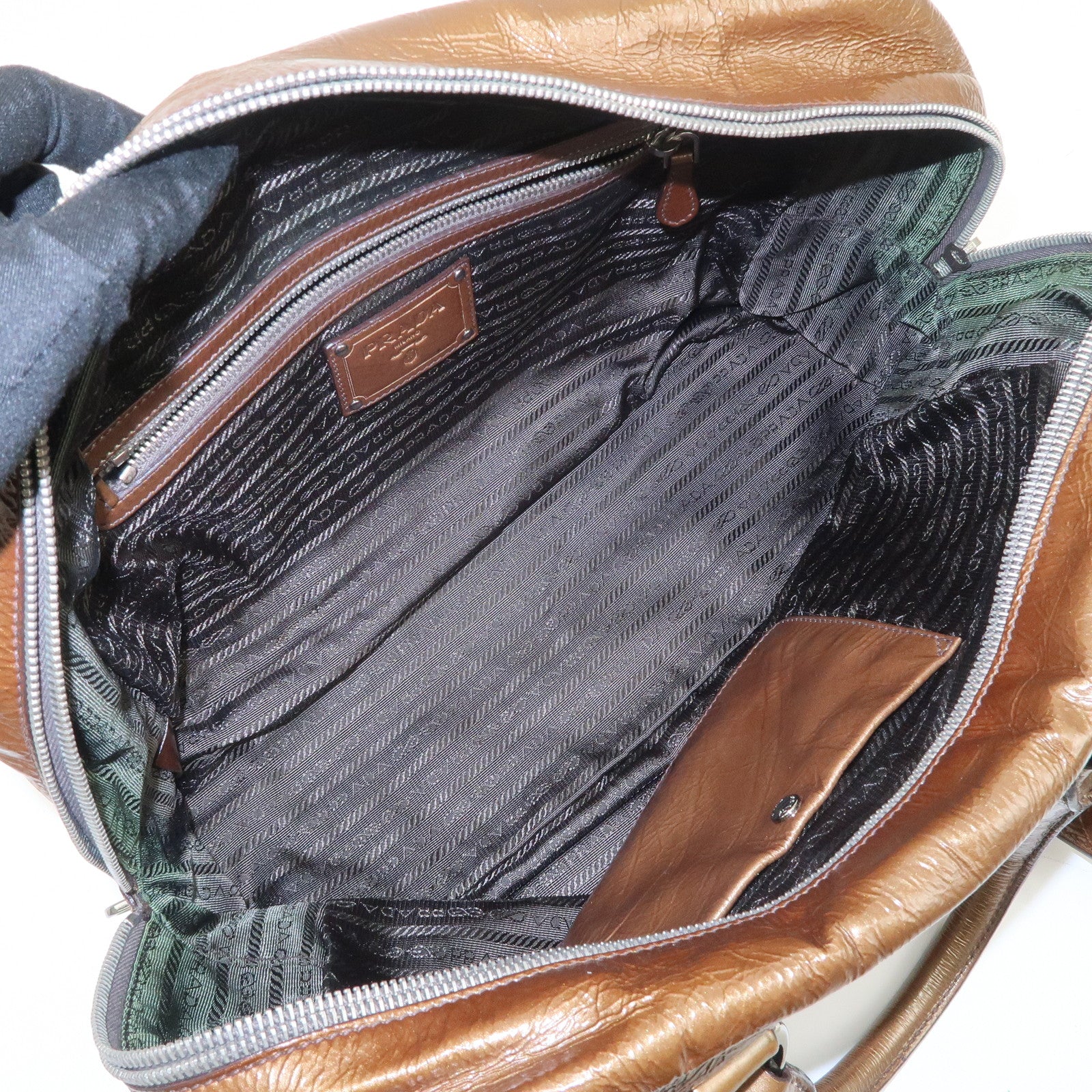 PRADA Logo Patent Leather Hand Bag Boston Bag Brown BL0555