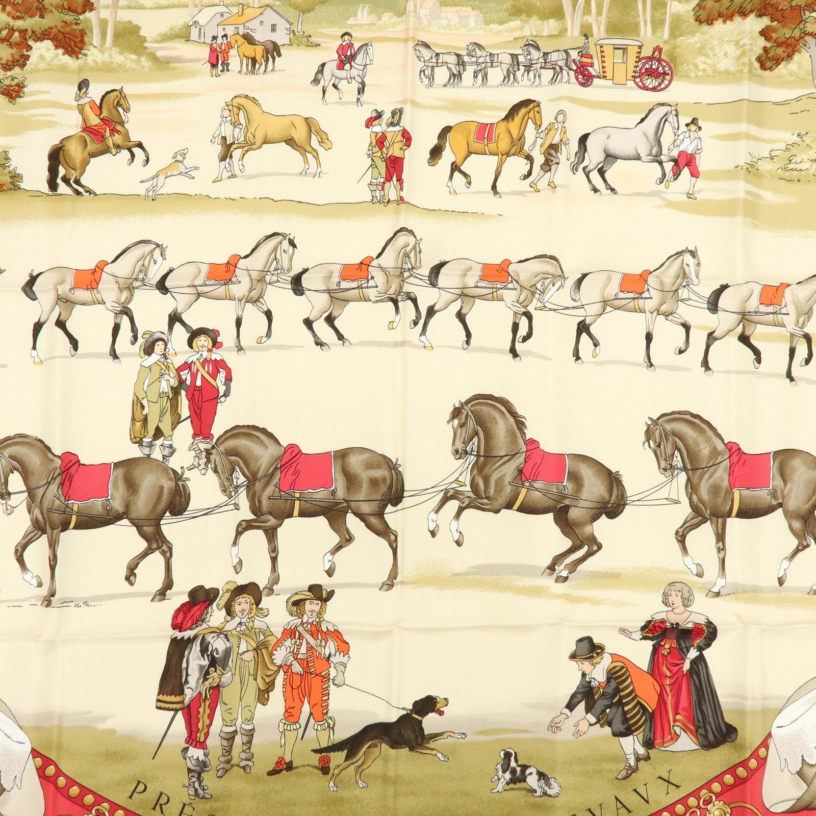HERMES Carre 90 Silk 100% Scarf PRESENTATION DE CHEVAVX Beige Red