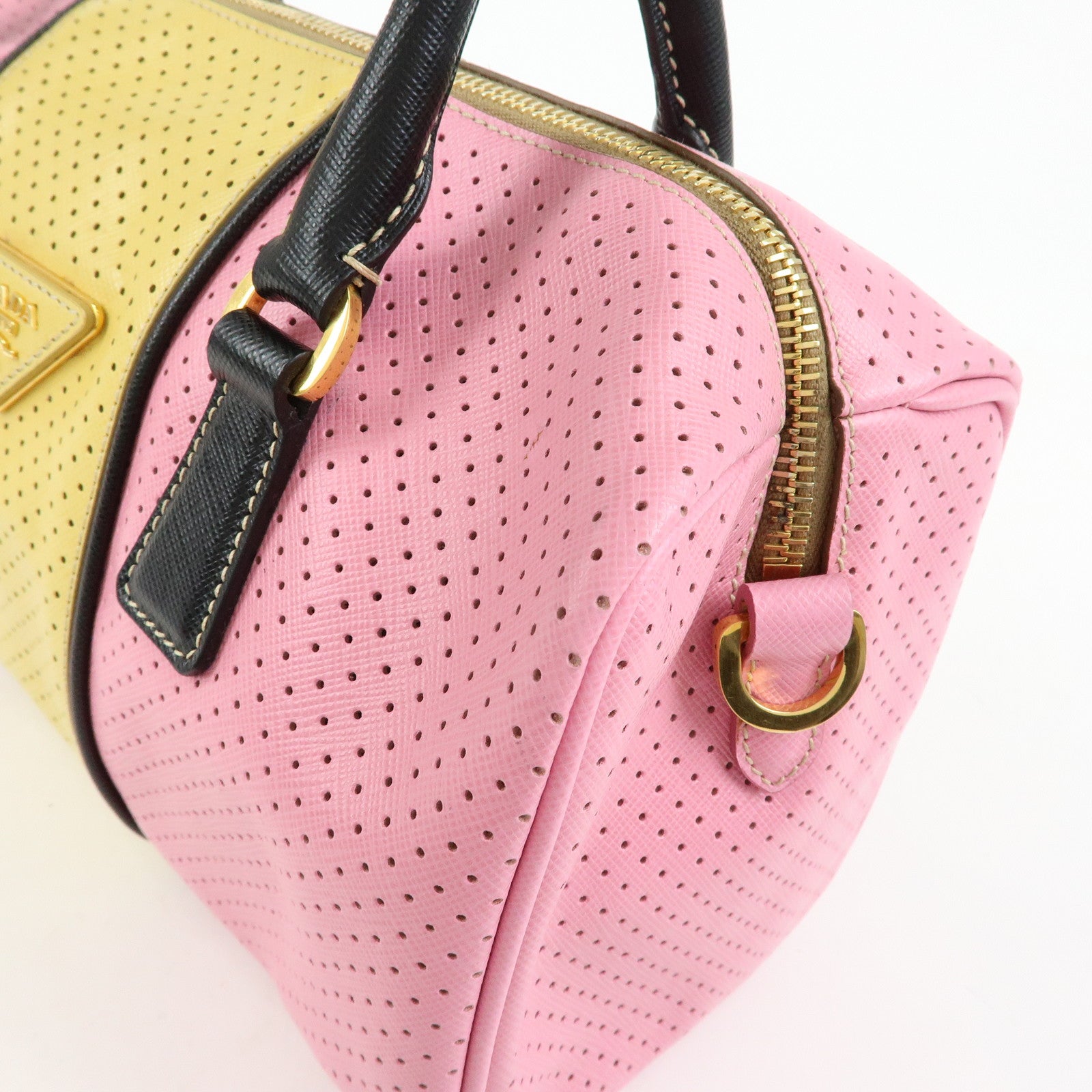 PRADA Triangle Logo Saffiano Punching Leather 2 Way Hand Bag BL0655