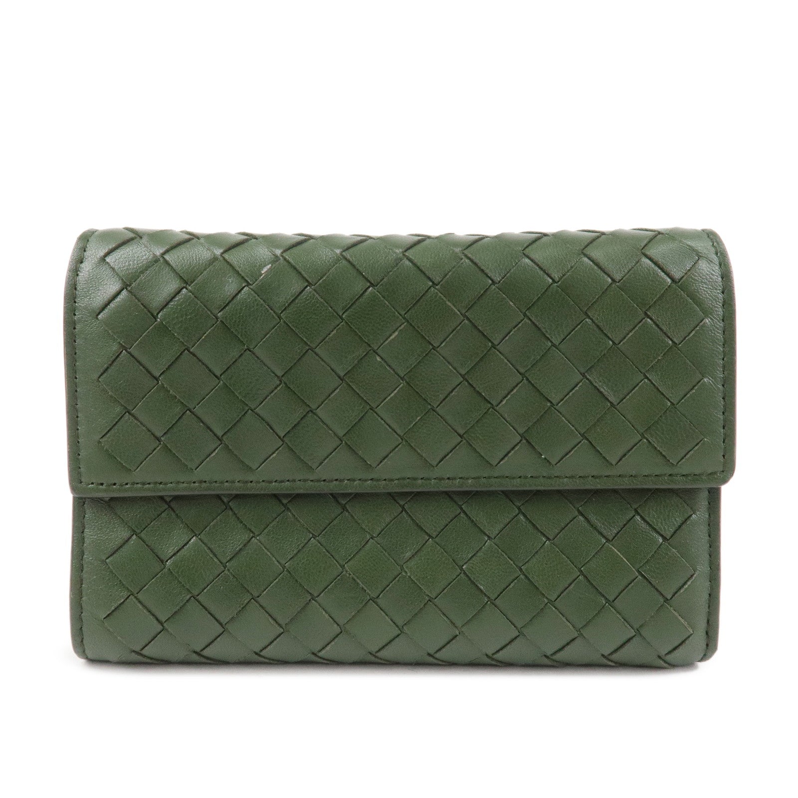 BOTTEGA VENETA Intrecciato Leather Tri-fold Wallet Dark Green Used
