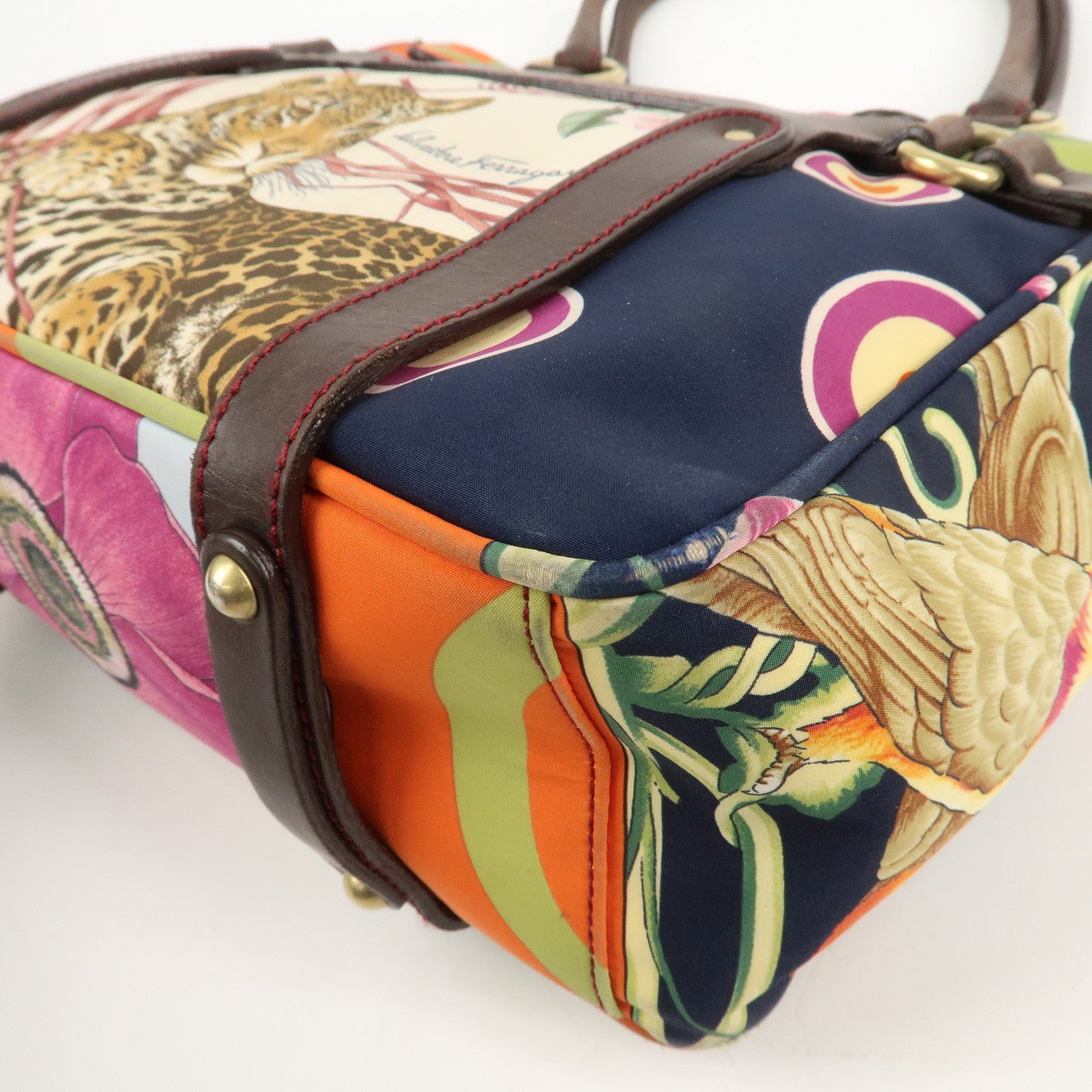 Ferragamo Gancini Leather Nylon Shoulder Bag Tote Bag Multicolor