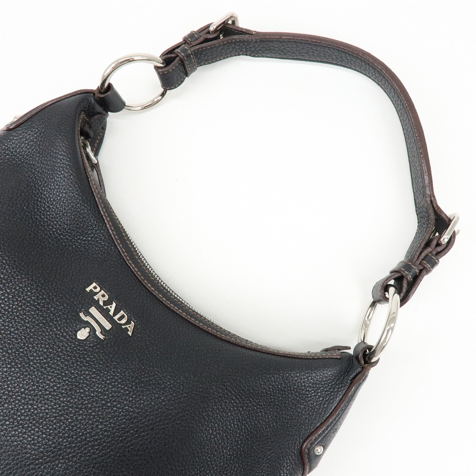PRADA Logo Vitello Daino Leather Shoulder Bag Hand Bag Black BR3373