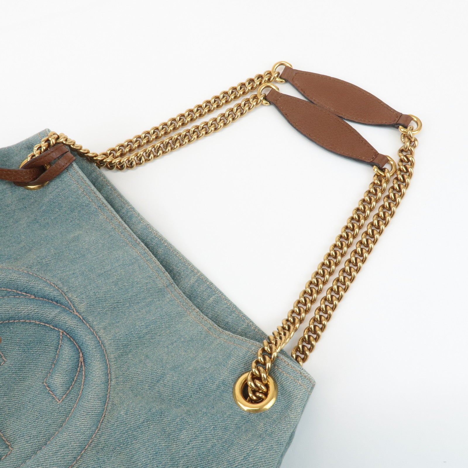 GUCCI SOHO Denim Leather Chain Shoulder Bag Fringe Charm Blue 308982 Used