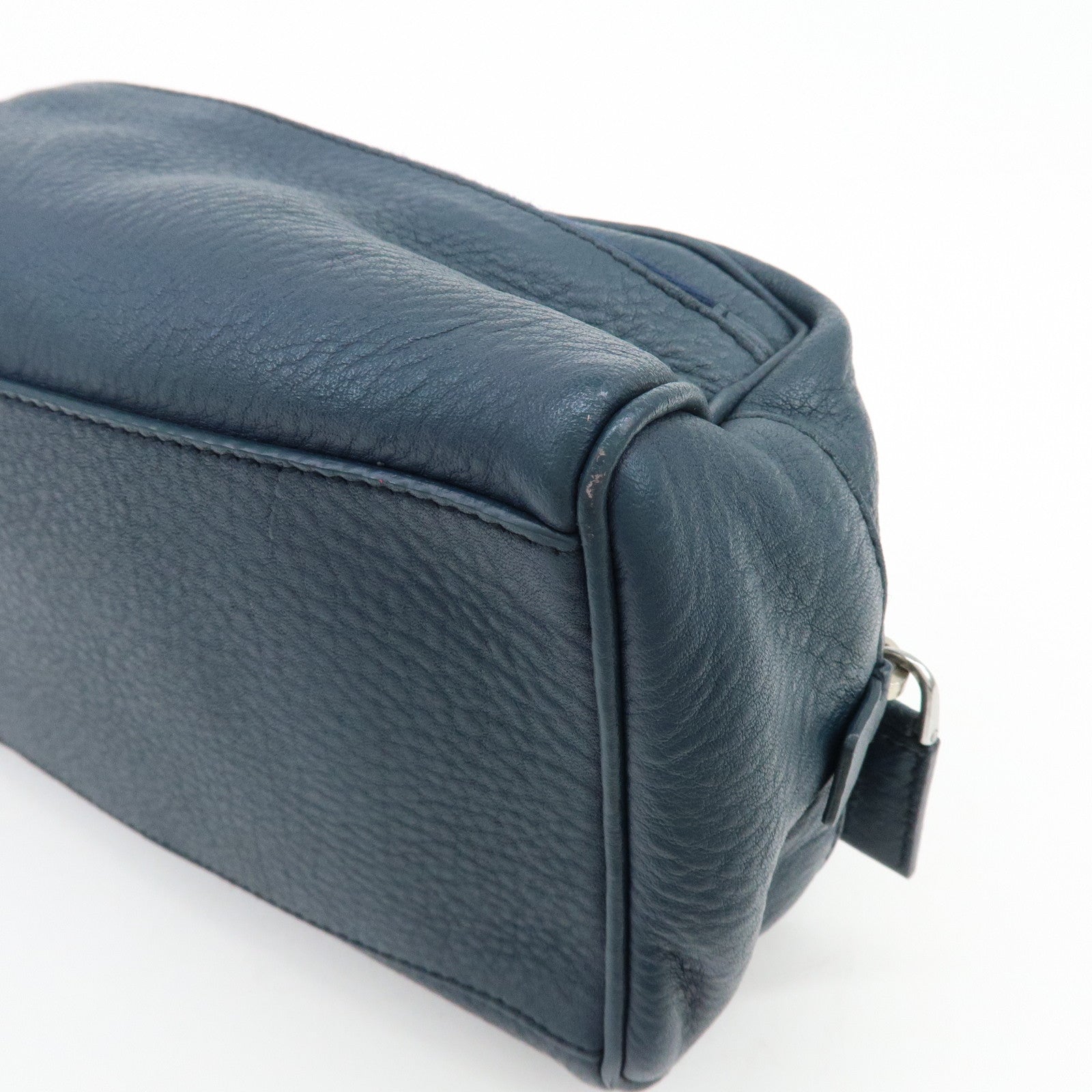 PRADA Triangle Logo Leather Cosmetic Pouch Accessory Pouch Navy