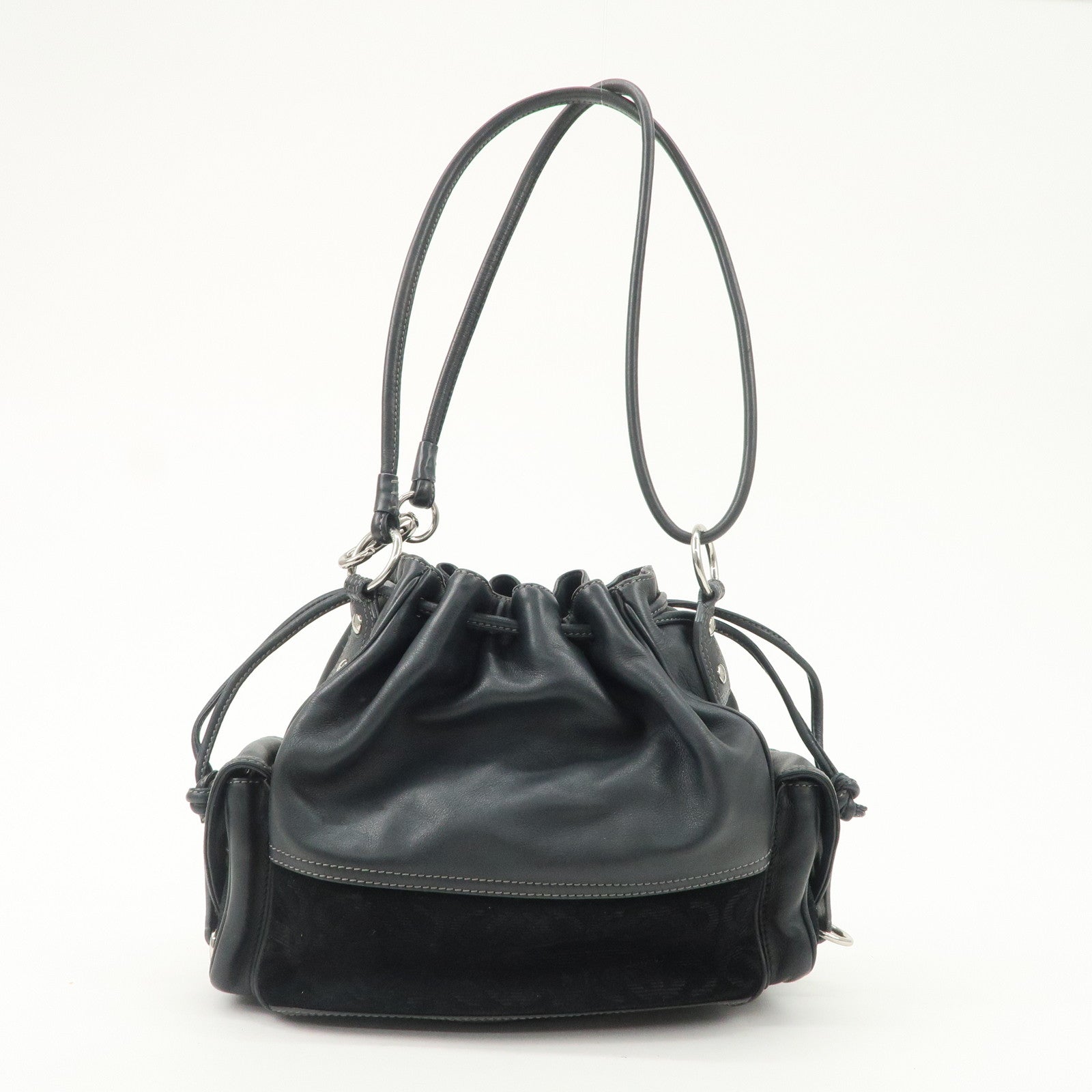 LOEWE Anagram Leather Suede Shoulder Bag Black Silver Used