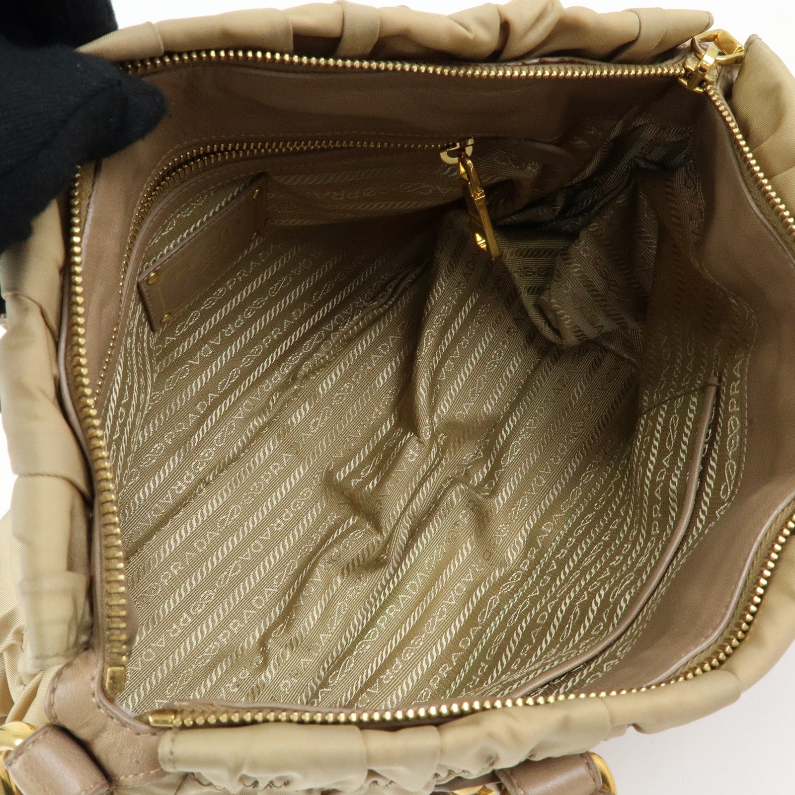 PRADA Gathered Nylon Leather 2Way Hand Shoulder Bag Beige BN1407