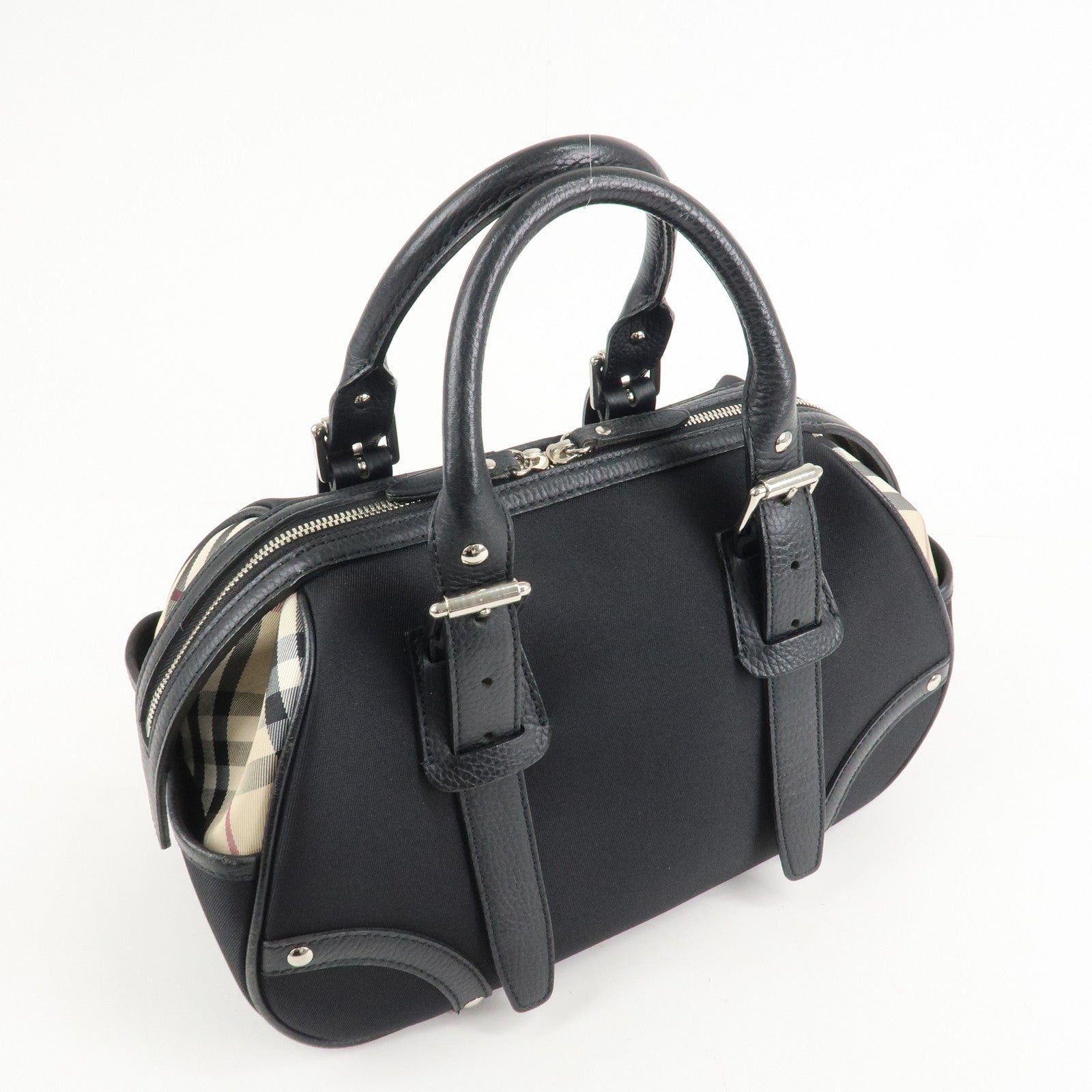 BURBERRY Canvas Leather Nova Plaid Boston Bag Black Beige Used