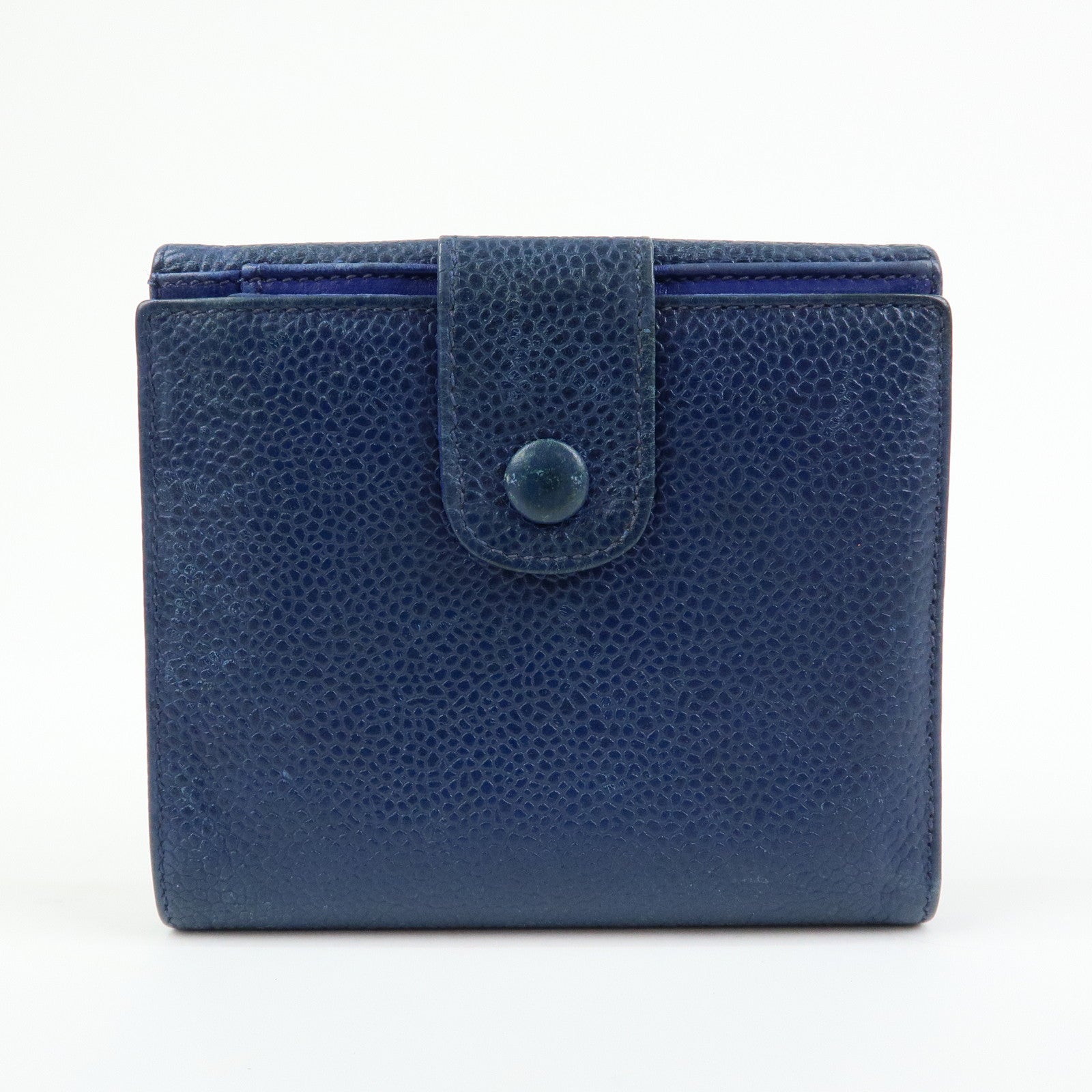 CHANEL COCO Mark Caviarskin W Hook Compact Wallet Navy A01427