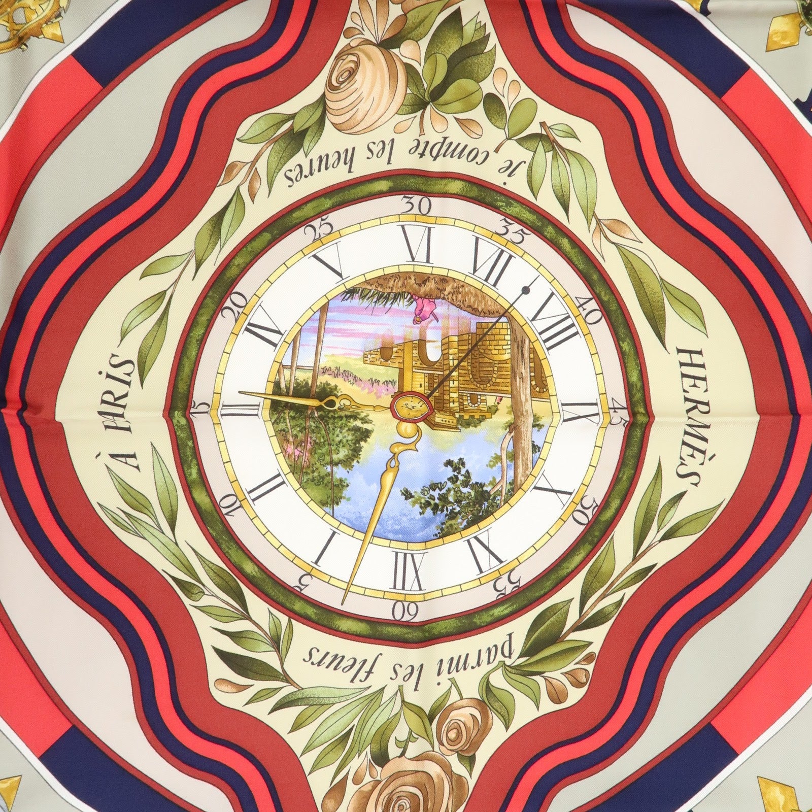 HERMES Carre 90 Silk Scarf PARMI LES FLEURS JE COMPTE LES HEURES