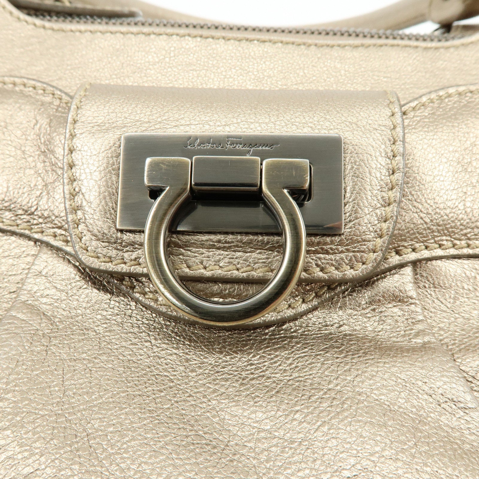 Ferragamo Gancini Leather Shoulder Bag Hand Bag Champagne Gold