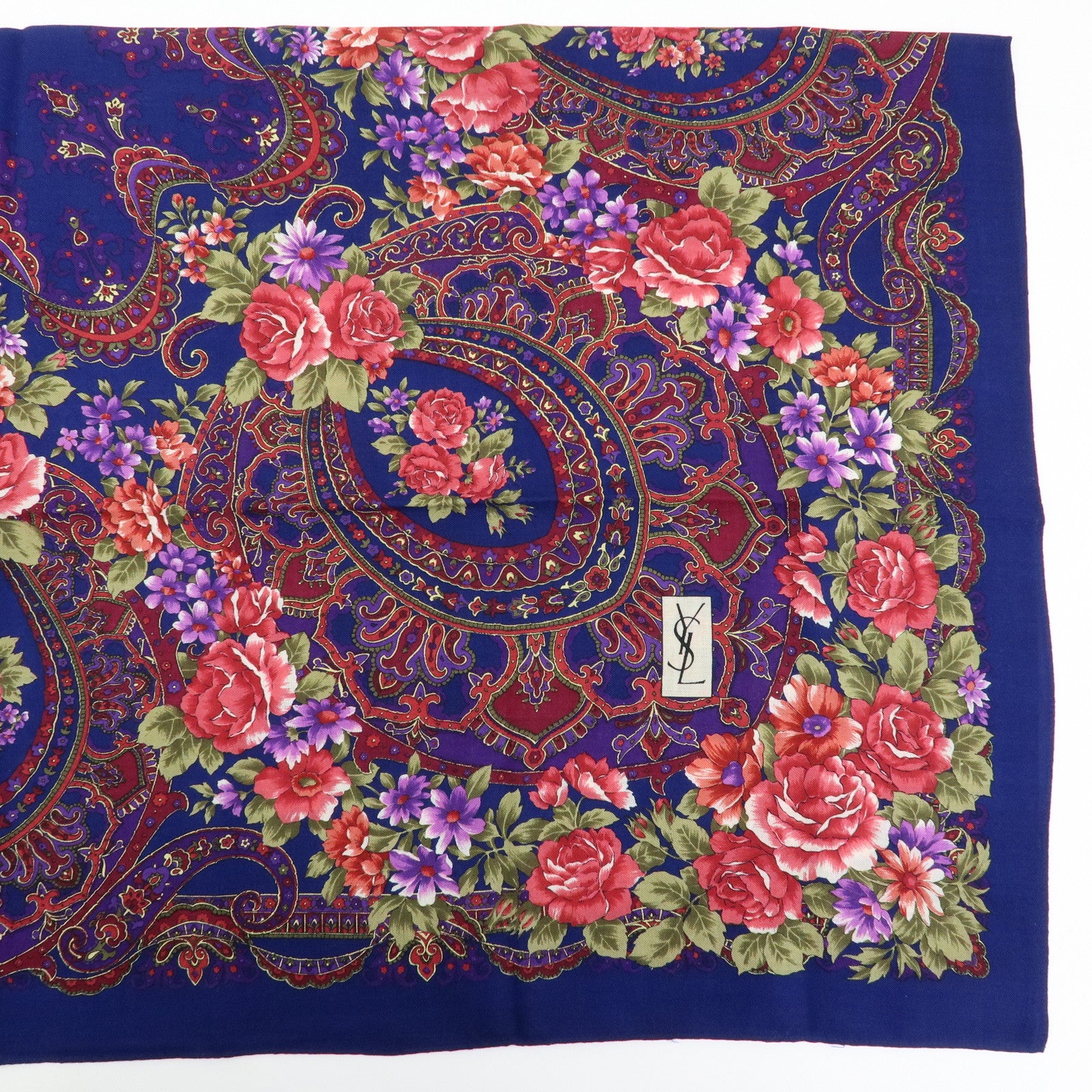 SAINT LAURENT PARIS Cotton Wool Scarf Flower Print Navy Red