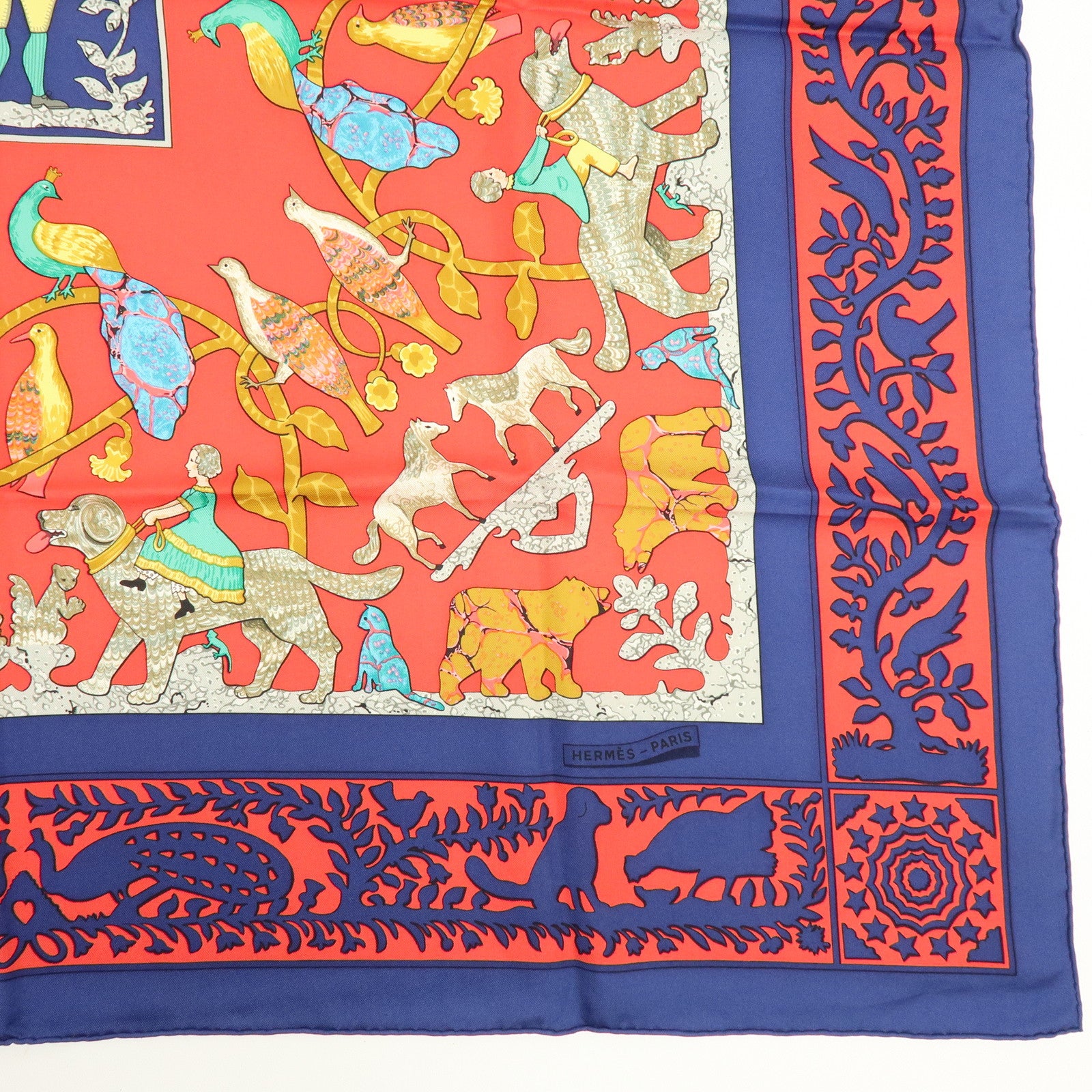 HERMES Carre 90 Silk 100% Scarf EARLY AMERICA Navy Red Brown