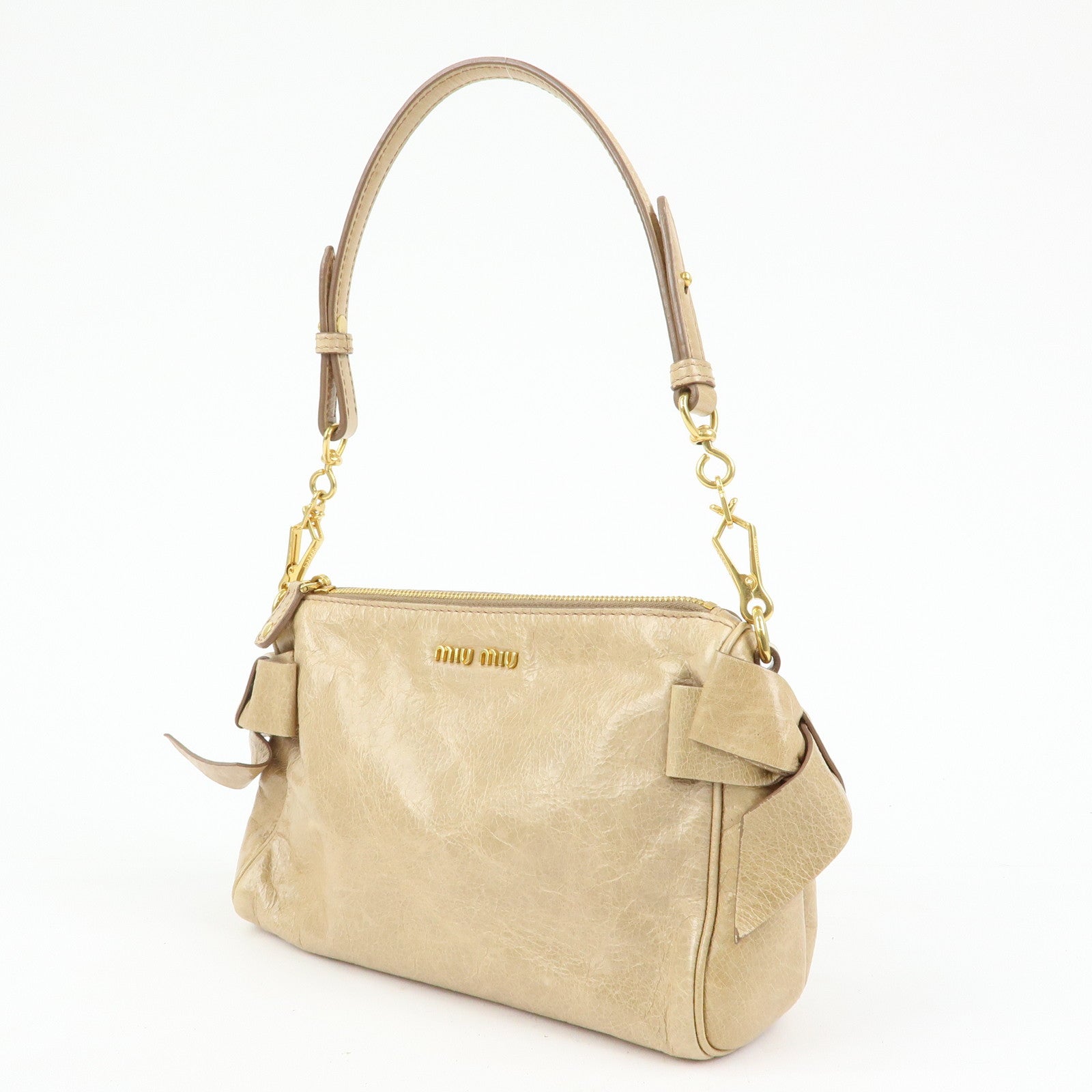 MIU MIU Leather Double Sided Ribbons Hand Bag Shoulder Bag Beige