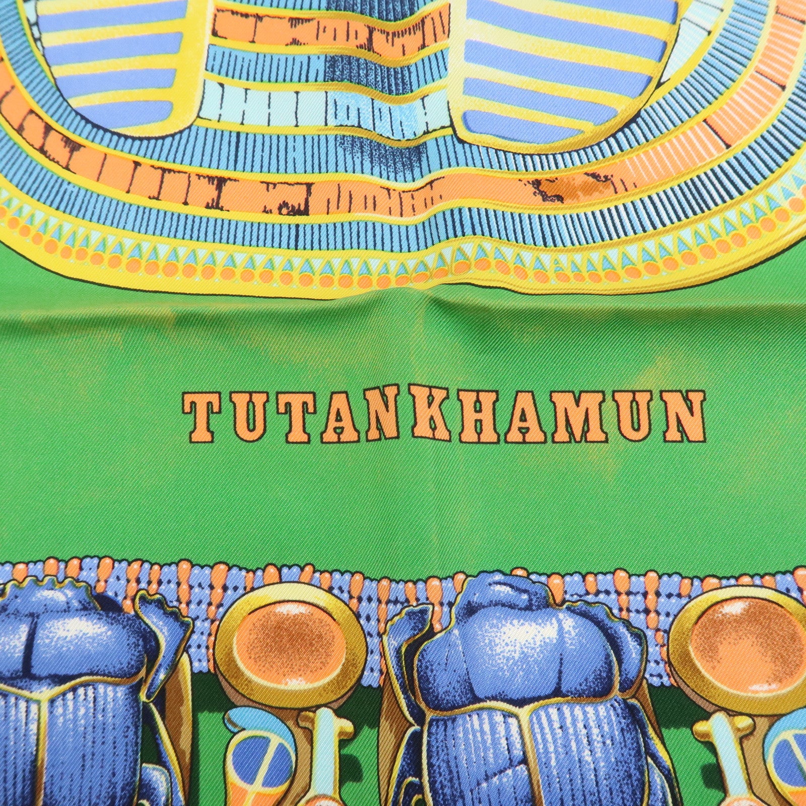 HERMES Carre 90 Silk 100% Scarf TUTANKHAMUN Green Gold