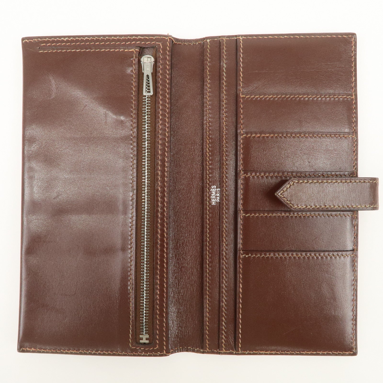 HERMES Béarn Classic Leather Long Wallet F Stamped Brown