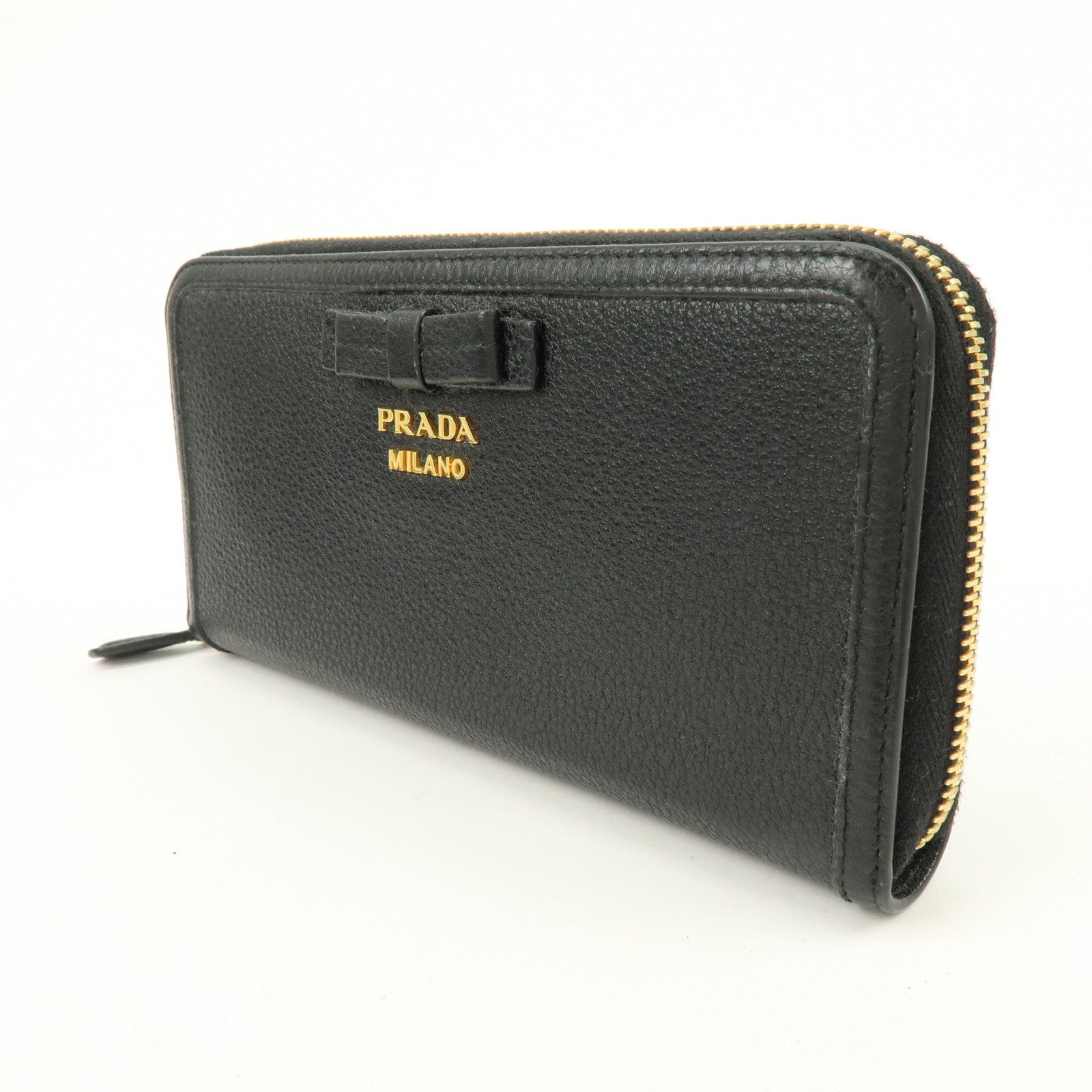 PRADA Ribbon Logo Leather Round Zippy Long Wallet Black