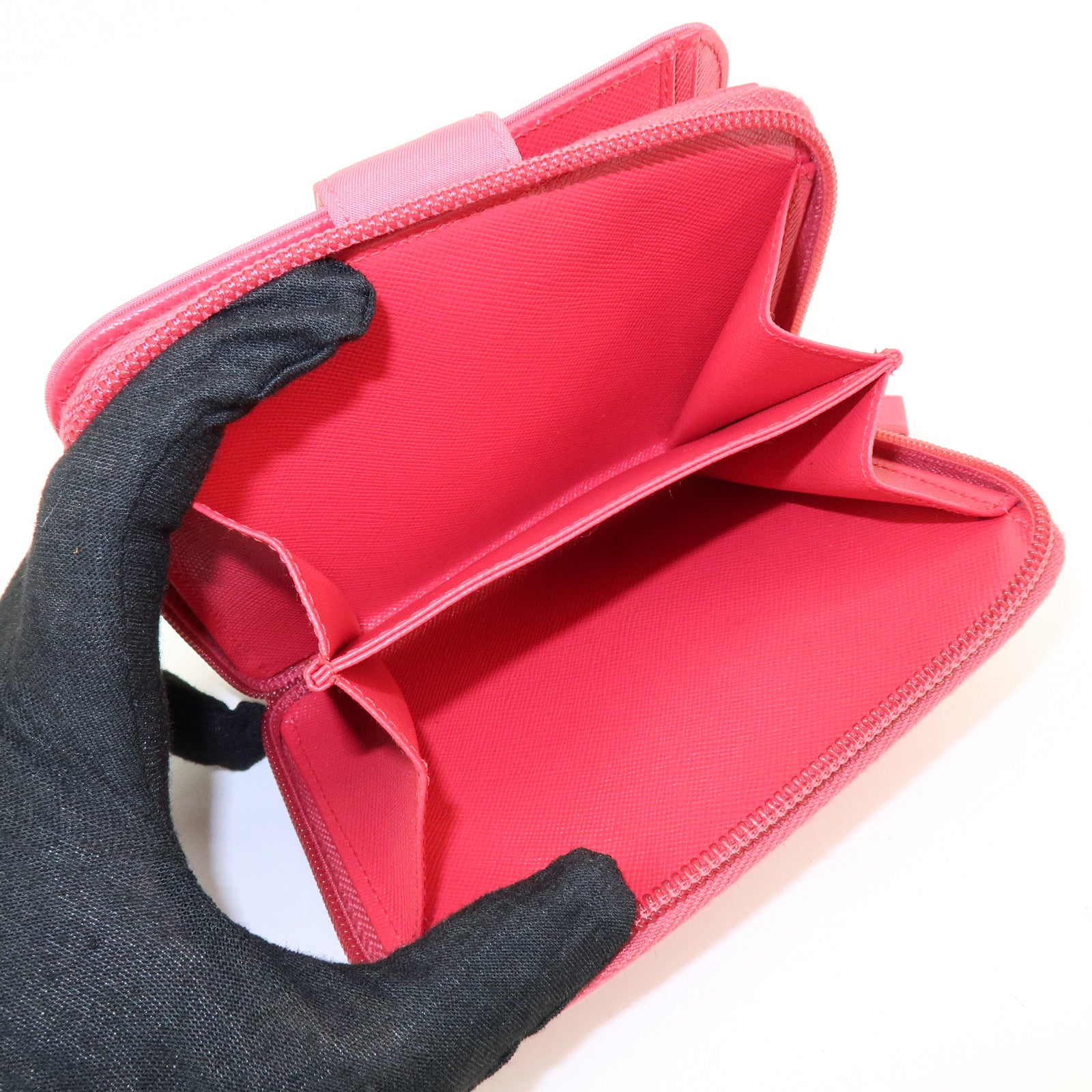 PRADA Triangle Logo Nylon Leather Round Zippy Compact Wallet Pink