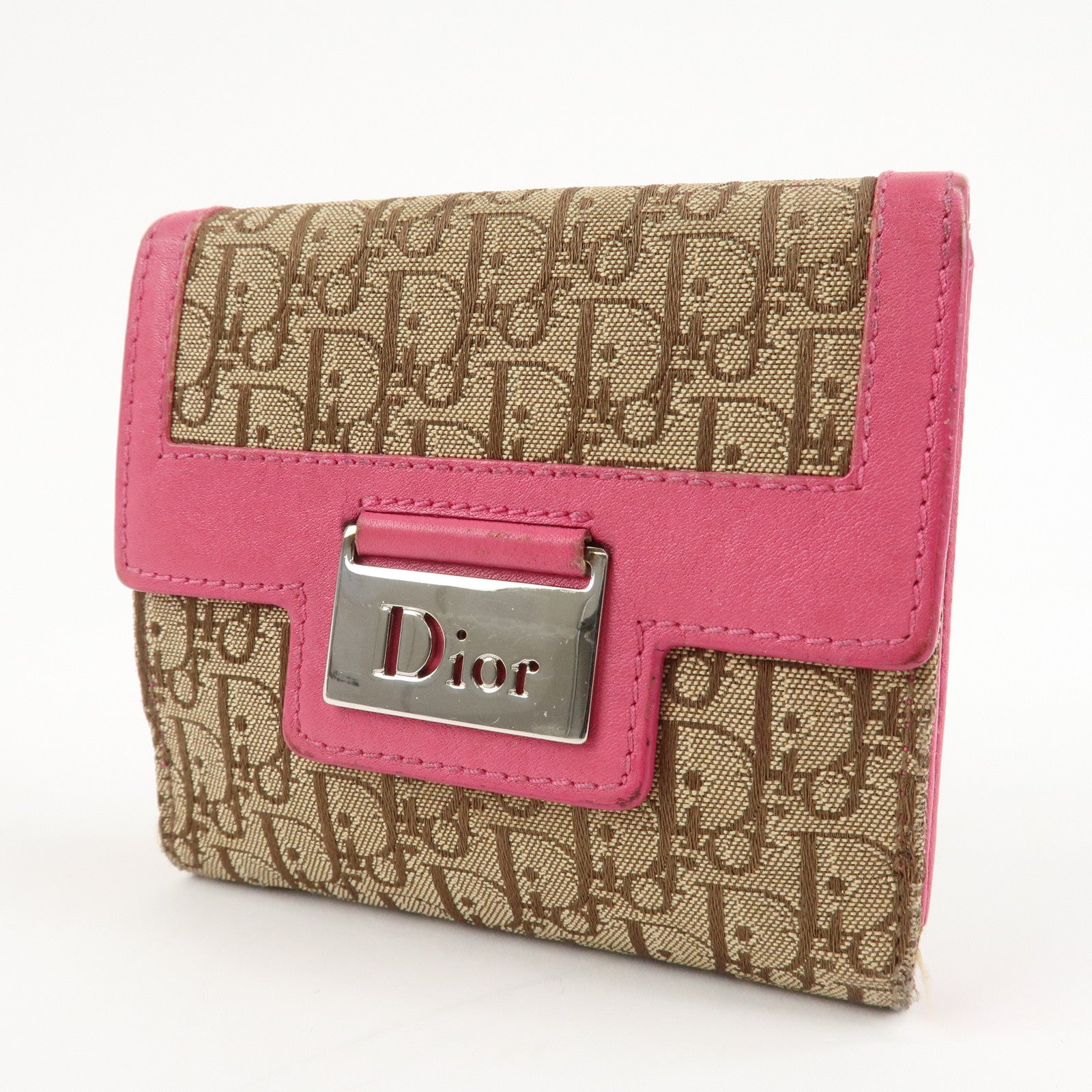 Christian Dior Street Chic Trotter Canvas Leather W Hook Wallet Pink Used