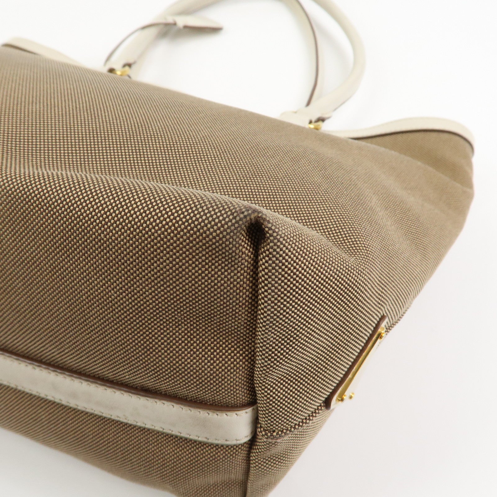 PRADA Logo Jacquard Leather Tote Bag Hand Bag Beige Ivory 1BG158