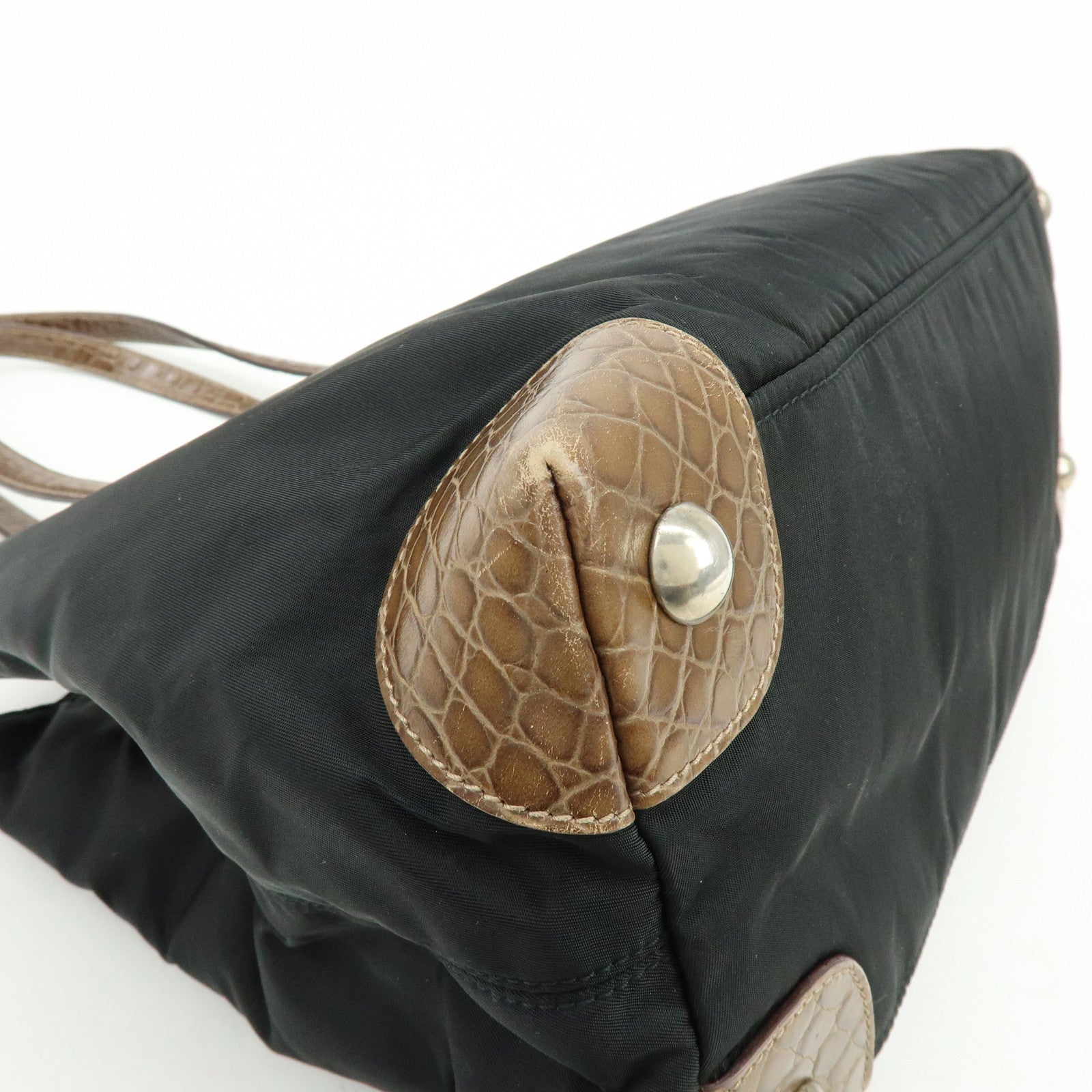 PRADA Triangle Logo Nylon Embossed Leather Tote Bag Black Brown