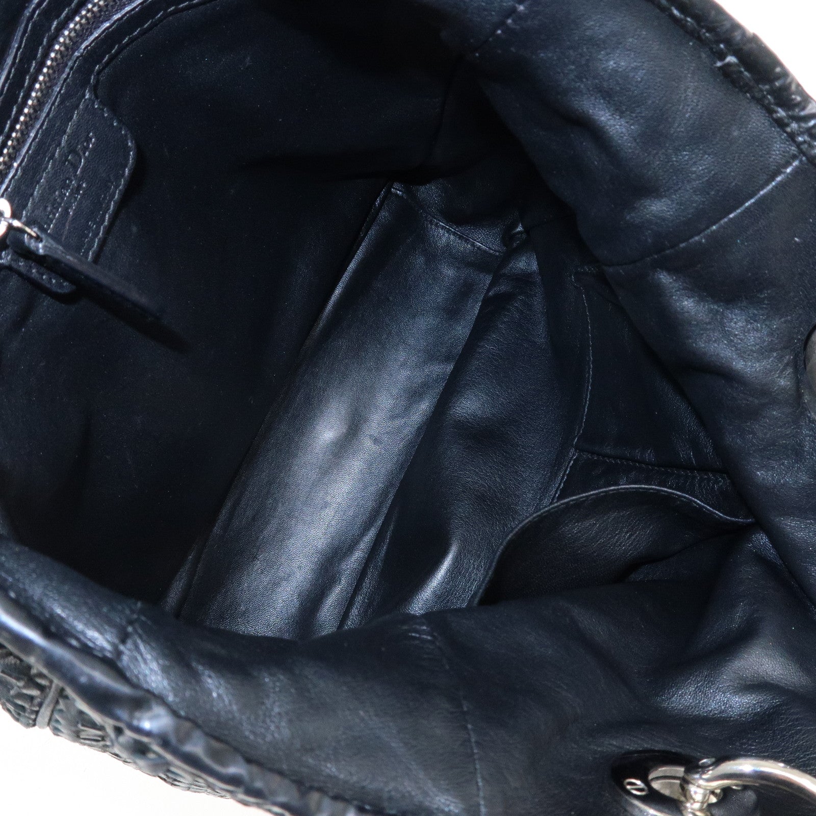 Christian Dior Woven Leather Logo Charm Chain Tote Bag Black