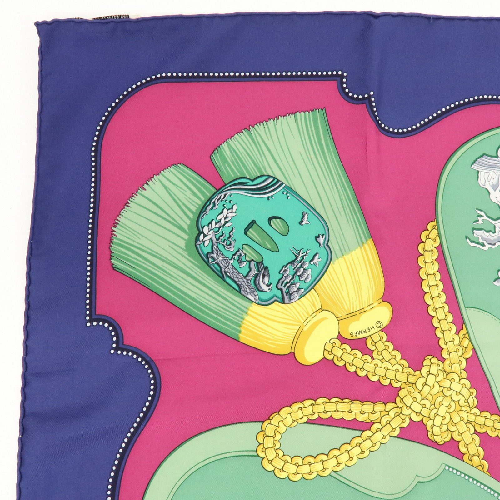 HERMES Carre 90 Silk 100% Scarf TSUBAS Guard Print Purple Green