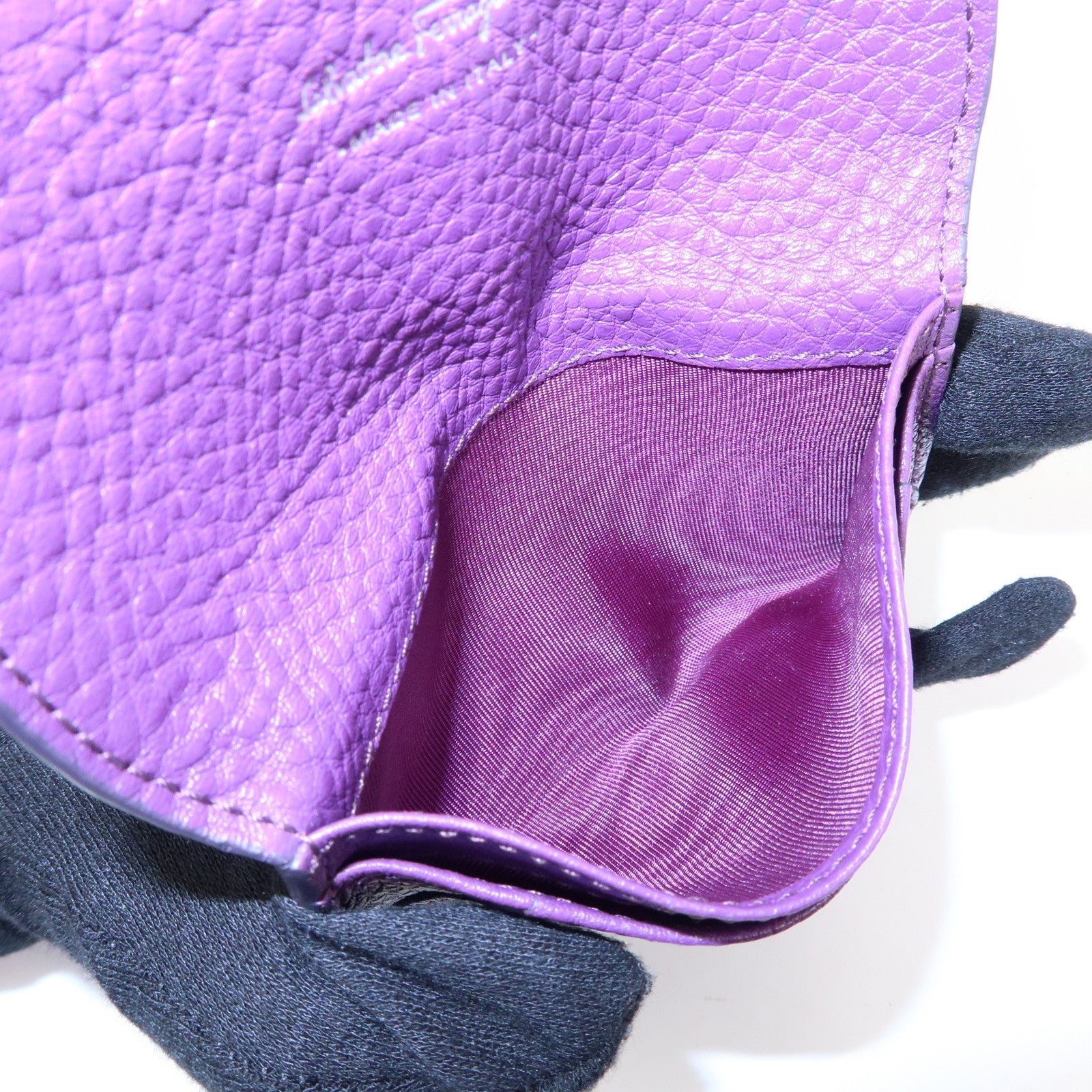Ferragamo Gancini Leather Flap Button Card Case Purple Silver