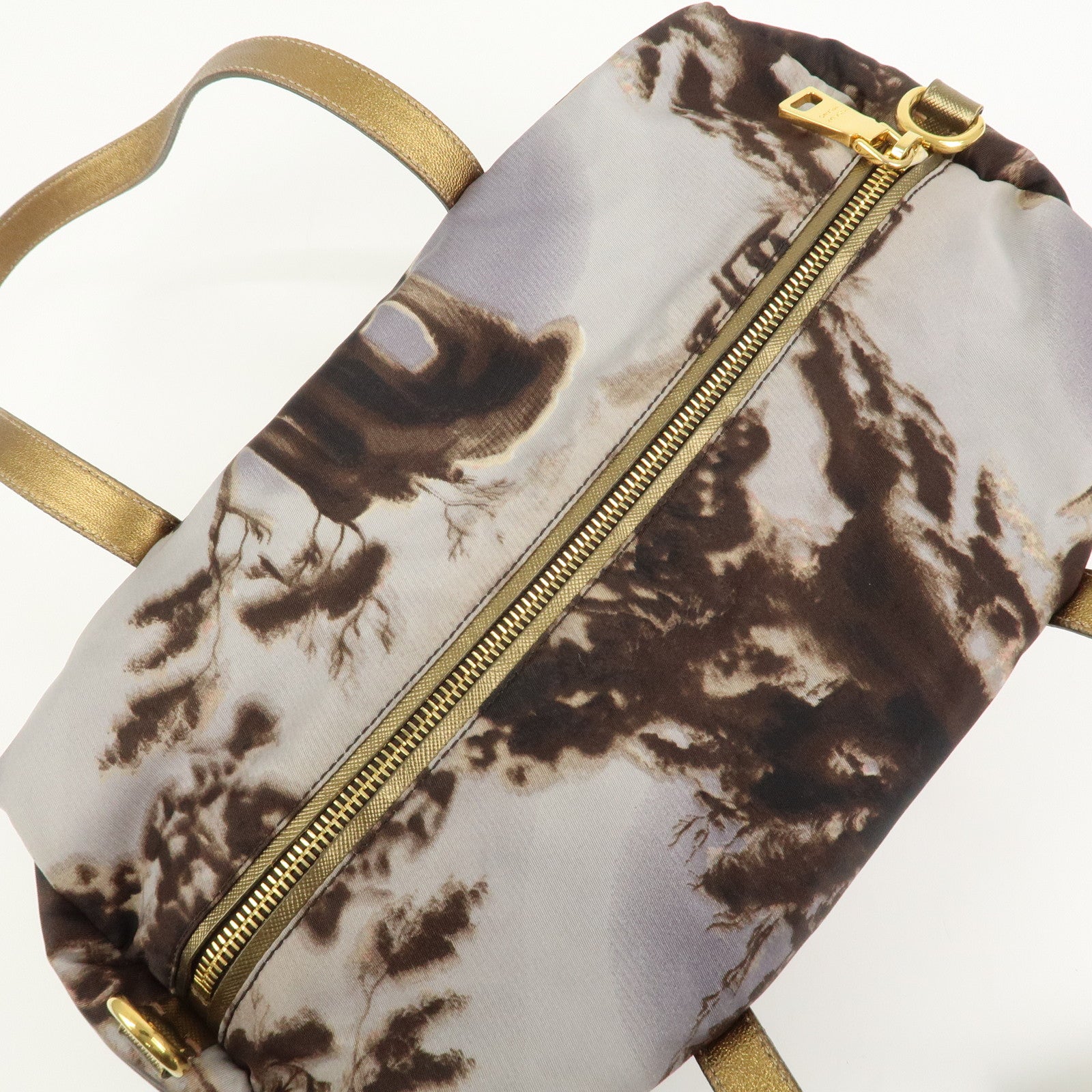 PRADA Logo Nylon Leather Boston Bag Shoulder Bag Gray Gold BL0567